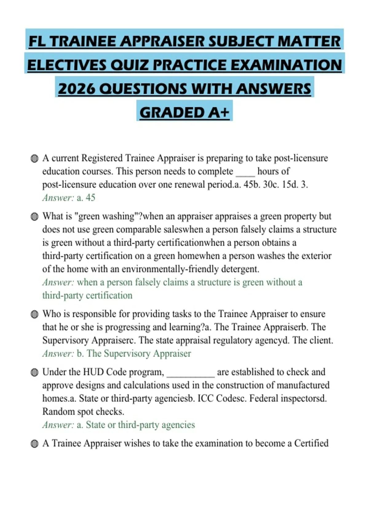 FL TRAINEE APPRAISER SUBJECT MATTER ELECTIVES QUIZ PRACTICE EXAMINATION ...