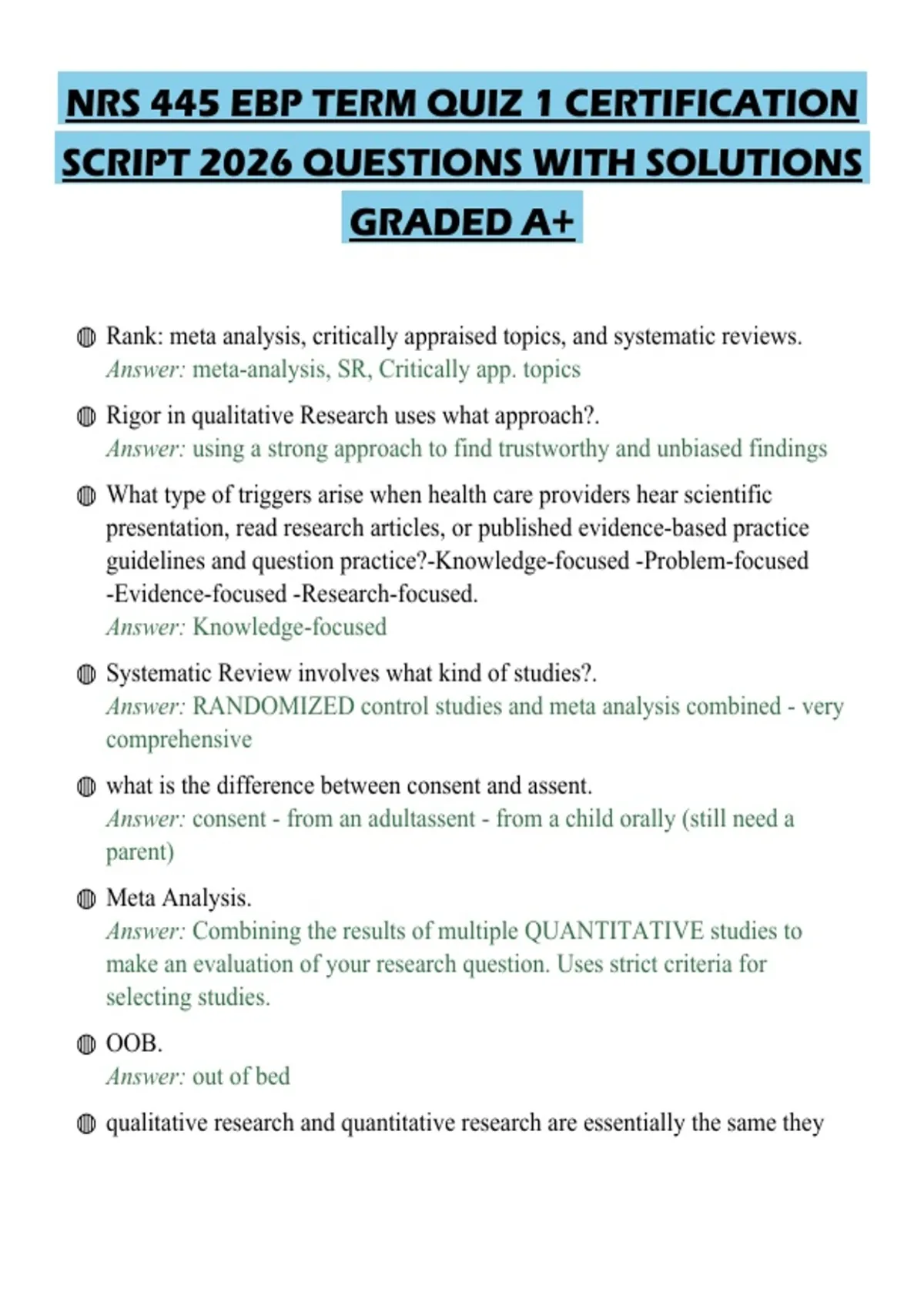 NRS 445 EBP TERM QUIZ 1 CERTIFICATION SCRIPT 2026 QUESTIONS WITH ...