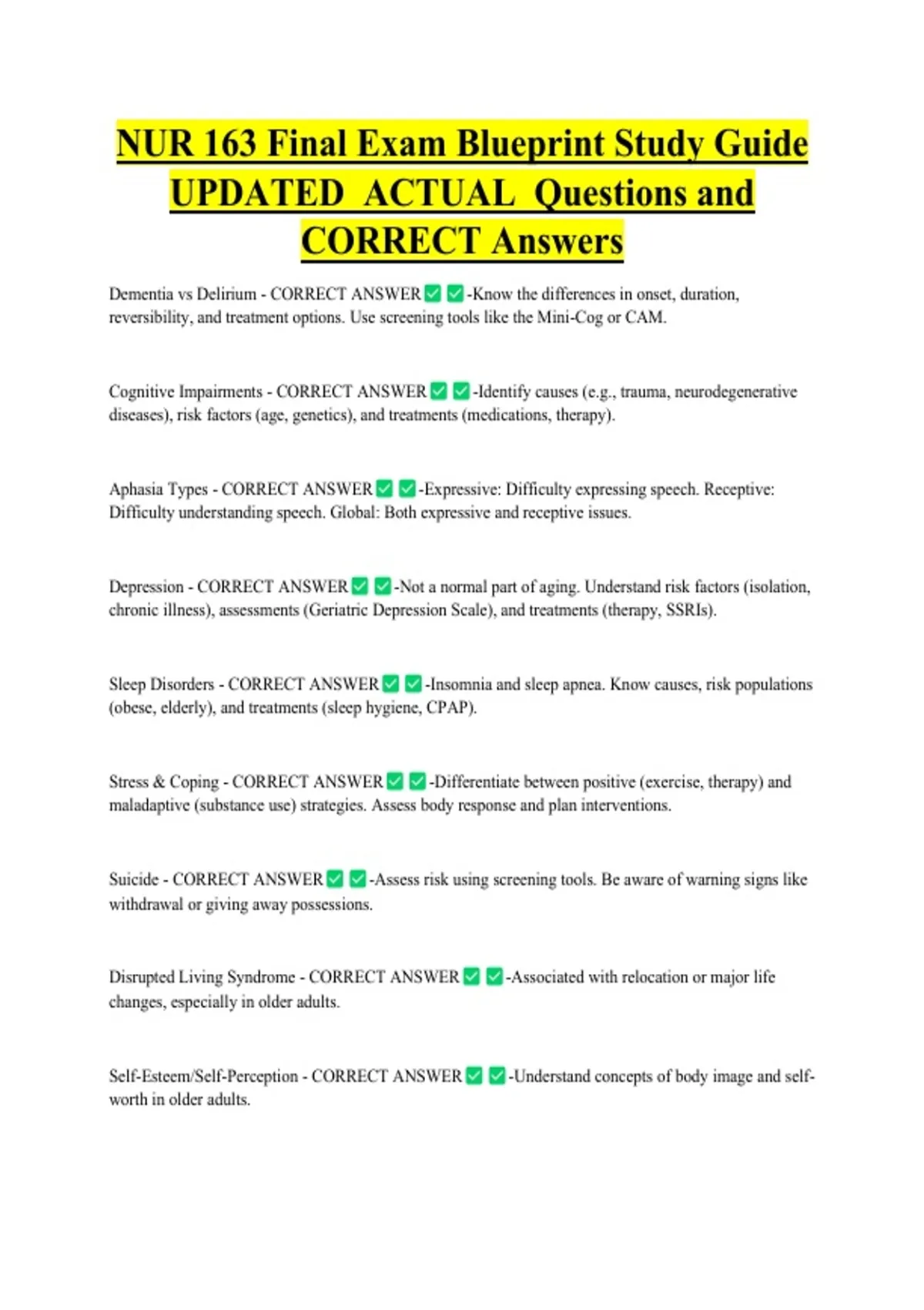 NUR 163 Final Exam Blueprint Study Guide UPDATED ACTUAL Questions and ...