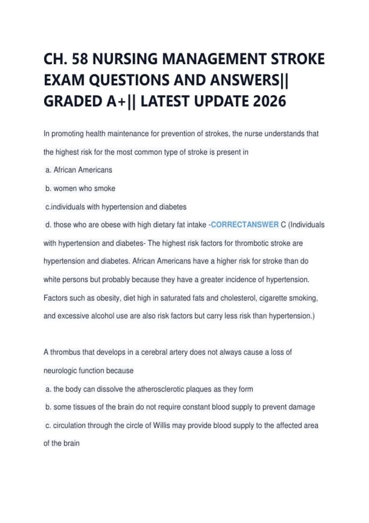 CH. 58 NURSING MANAGEMENT STROKE EXAM QUESTIONS AND ANSWERS|| GRADED A+ ...