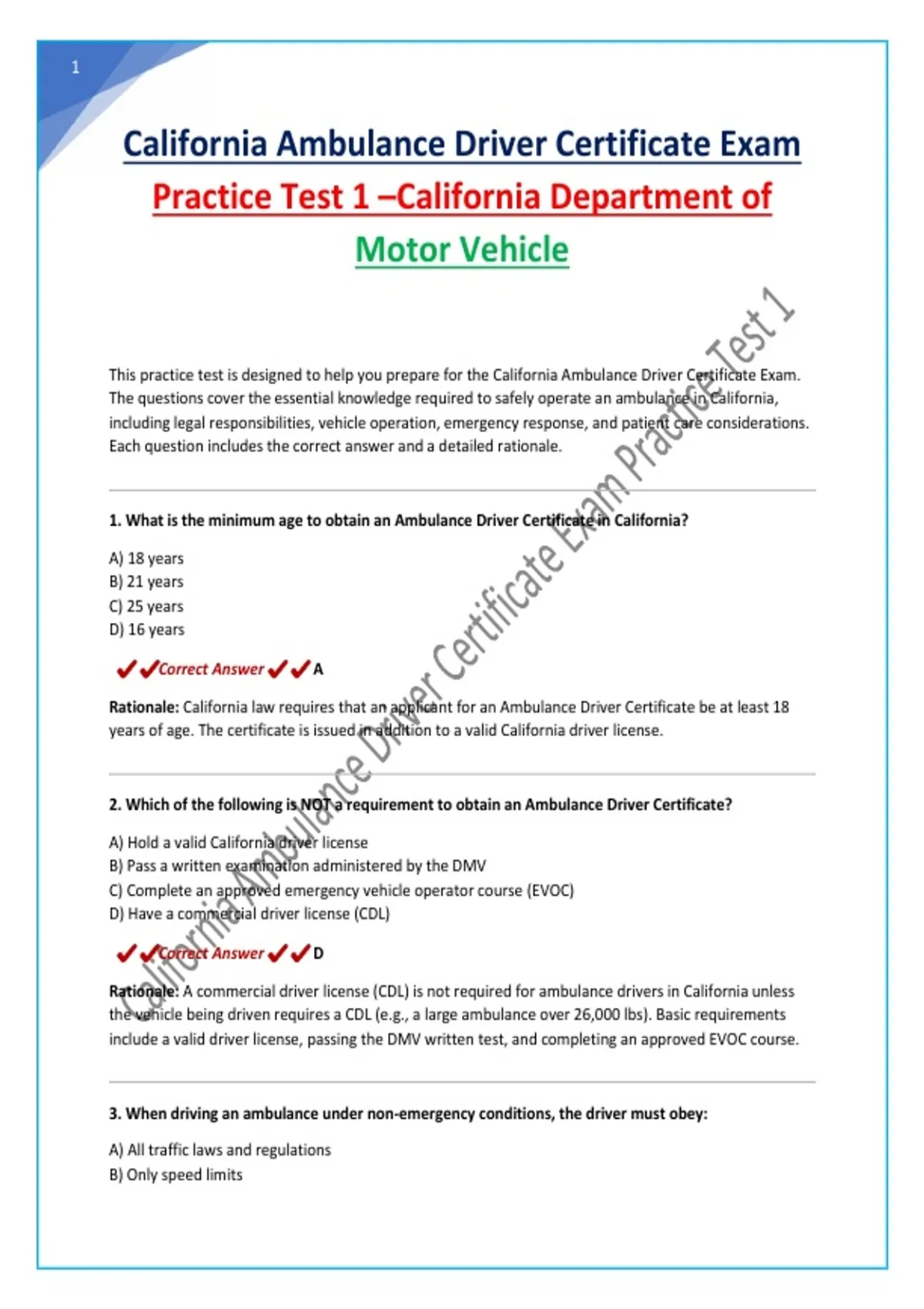 California Ambulance Driver Certificate Exam Practice Test 1 –California Department of Motor ...