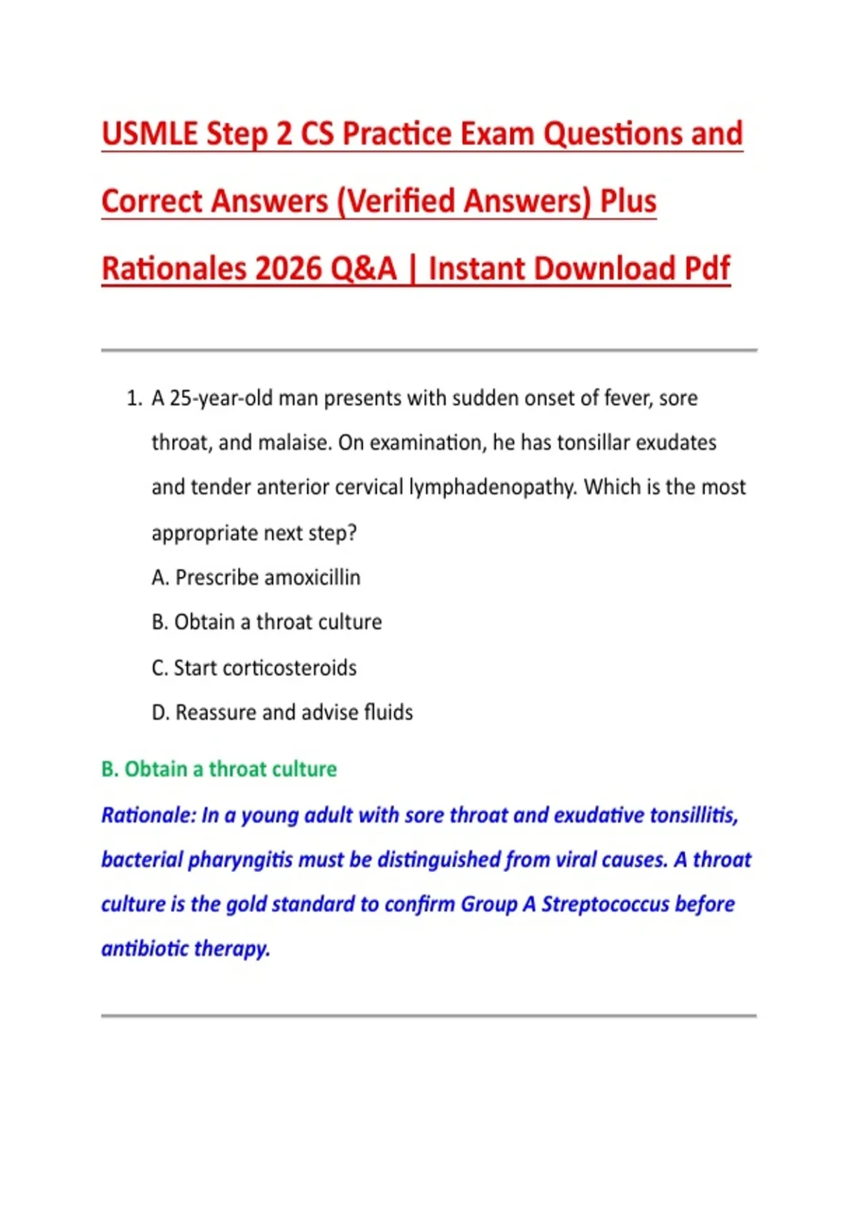 USMLE Step 2 CS Practice Exam Questions and Correct Answers (Verified Answers) Plus Rationales ...