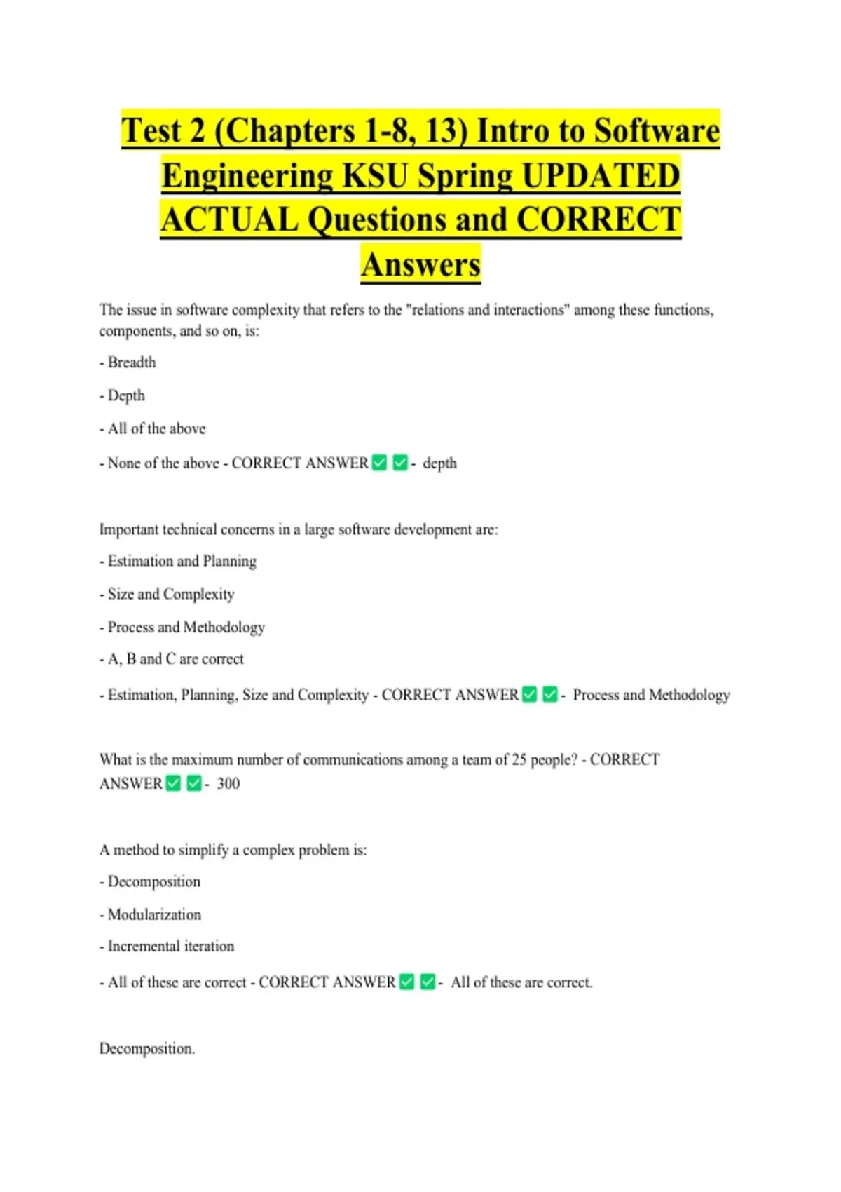 Test 2 (Chapters 1-8, 13) Intro to Software Engineering KSU Spring ...