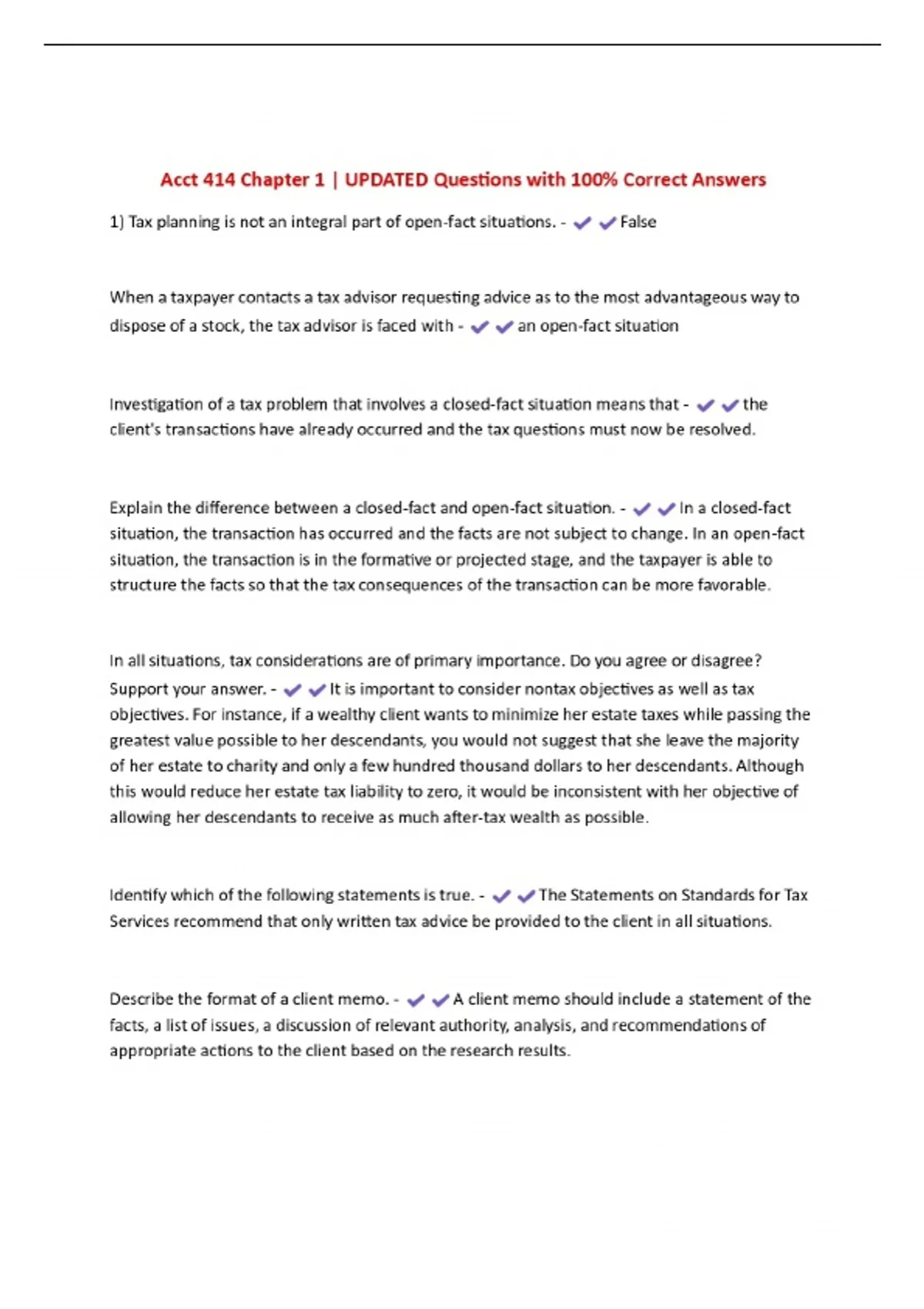 Acct 414 Chapter 1 | UPDATED Questions with 100% Correct Answers - Acct ...