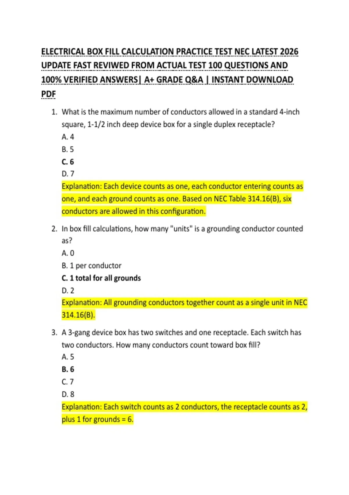 ELECTRICAL BOX FILL CALCULATION PRACTICE TEST NEC LATEST 2026 UPDATE ...