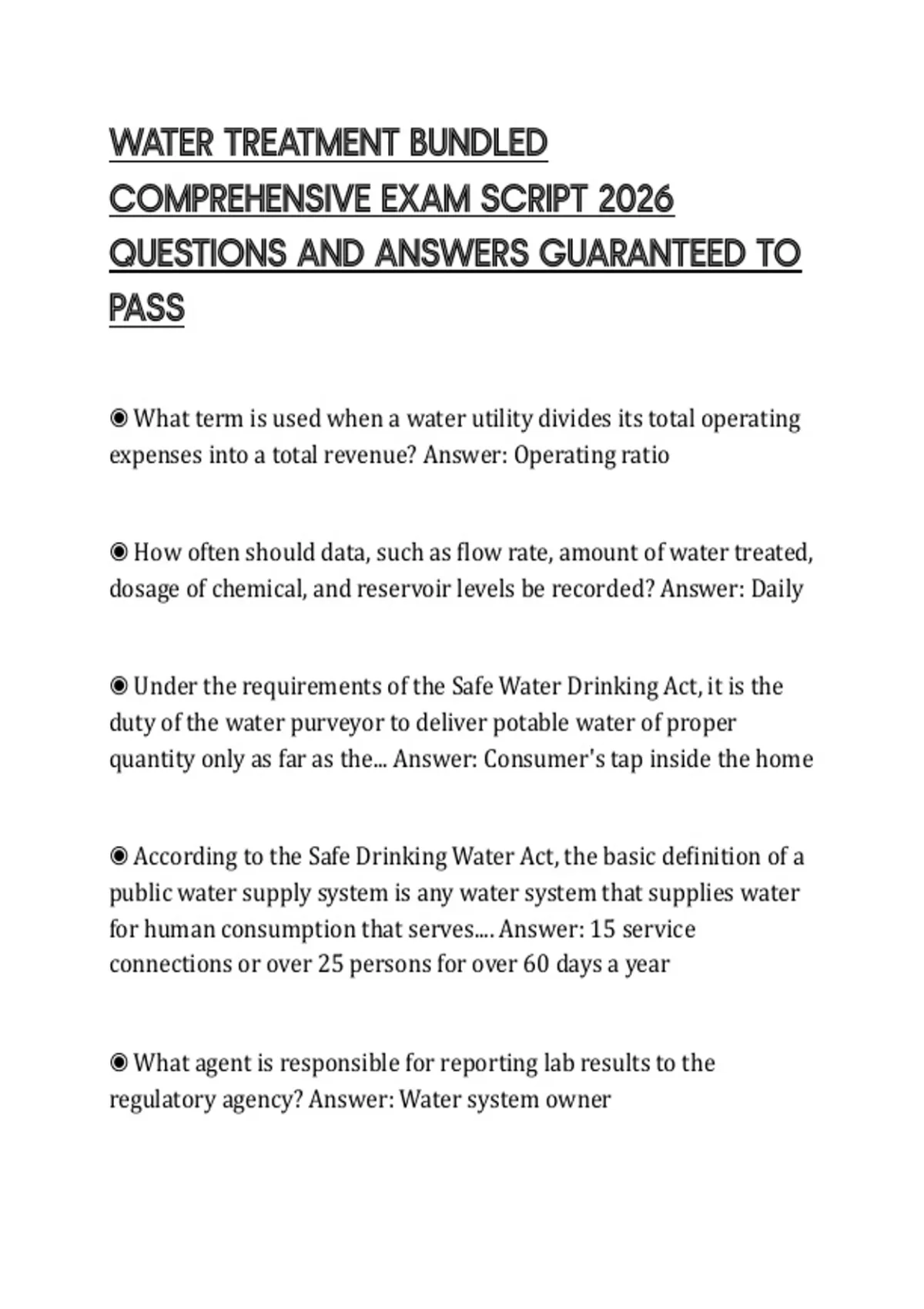 Water Scrying Script WATER TREATMENT BUNDLED COMPREHENSIVE EXAM SCRIPT 2026 QUESTIONS AND ...