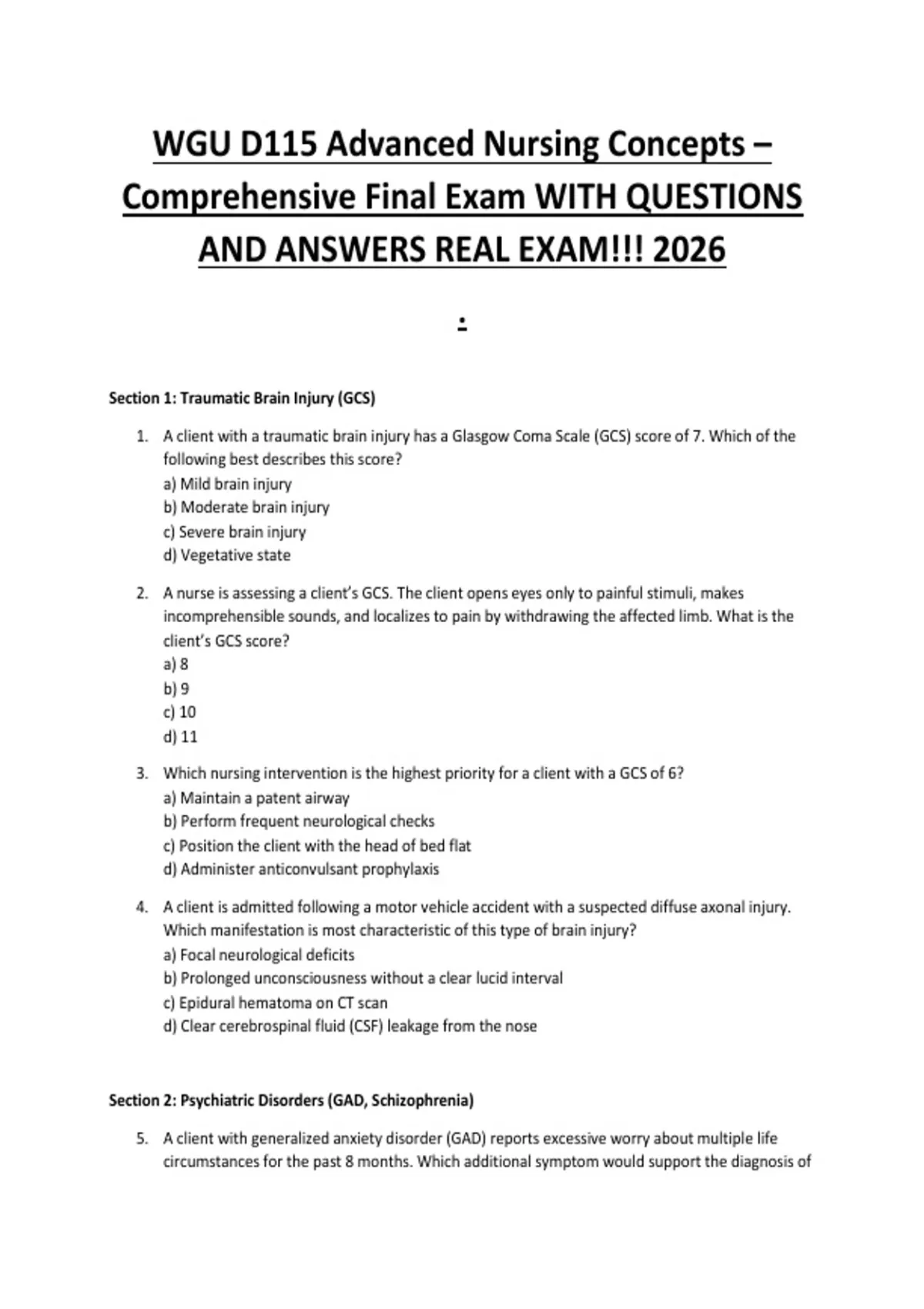 WGU D115 Advanced Nursing Concepts – Comprehensive Final Exam WITH ...