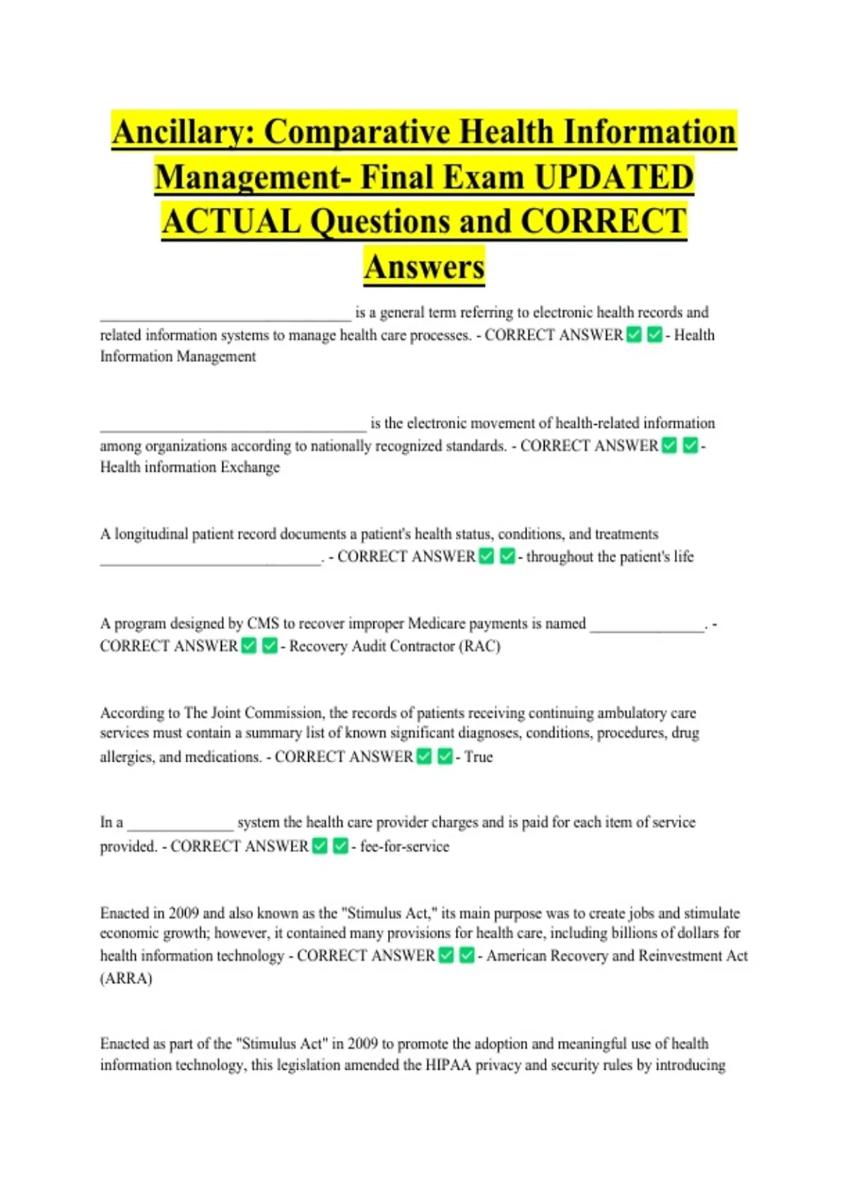 Ancillary: Comparative Health Information Management- Final Exam ...