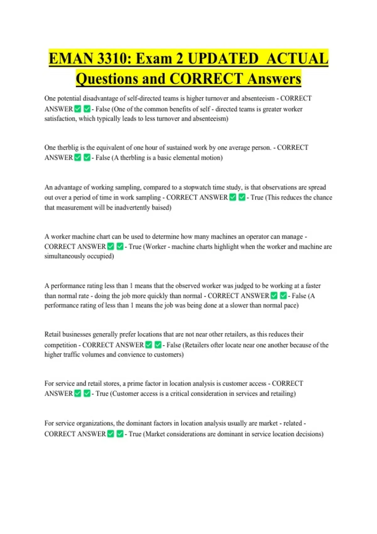 EMAN 3310: Exam 2 UPDATED ACTUAL Questions and CORRECT Answers ...