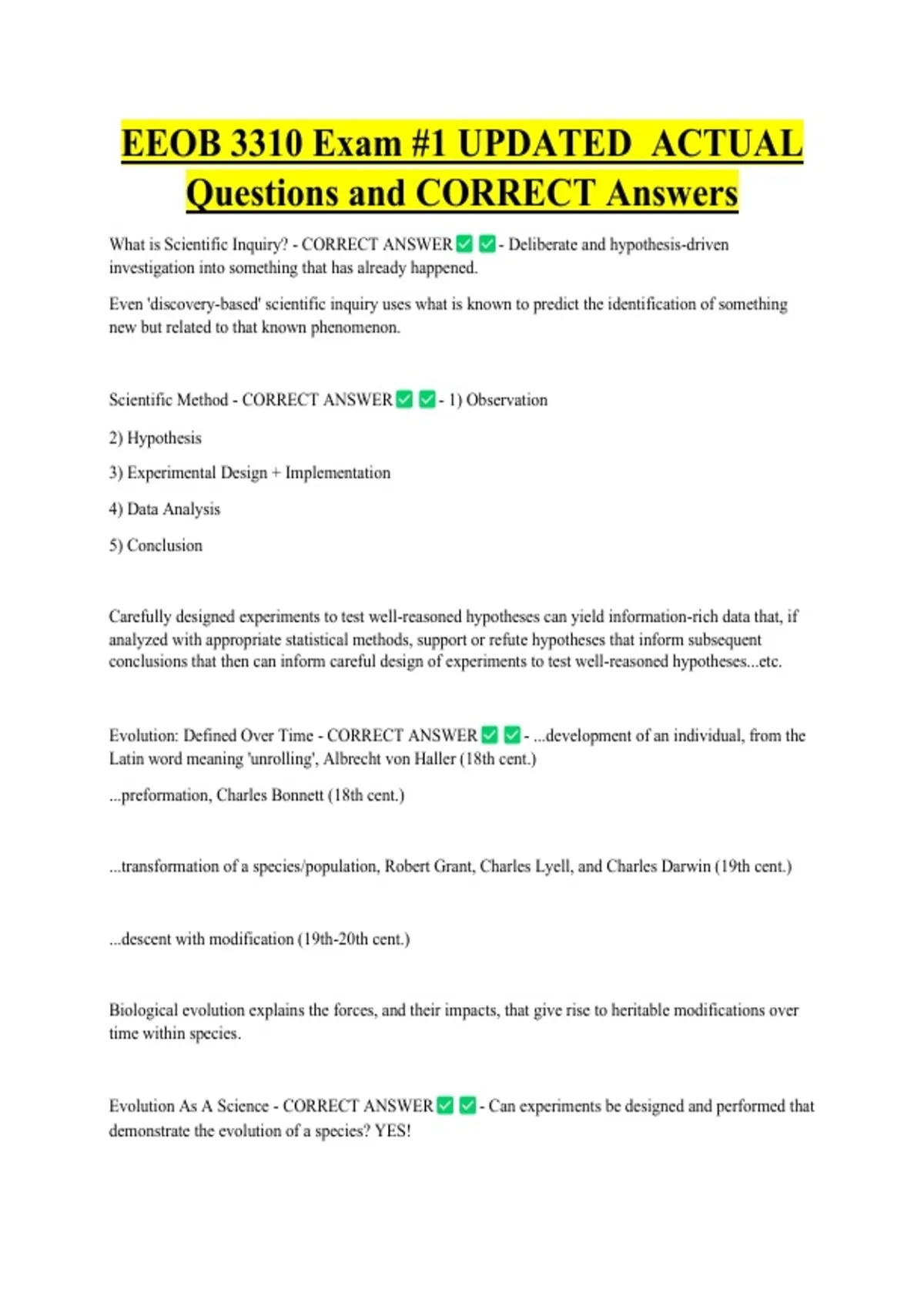 EEOB 3310 Exam #1 UPDATED ACTUAL Questions and CORRECT Answers ...