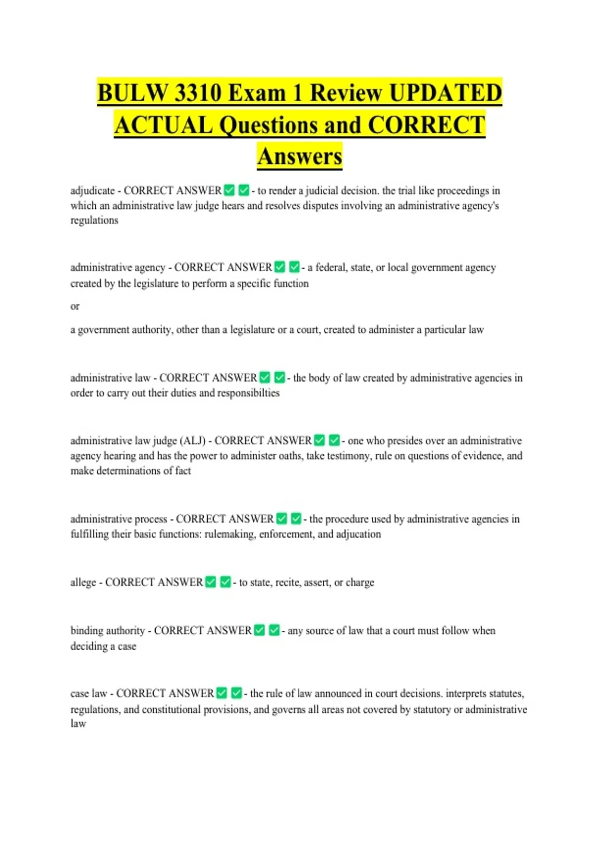 BULW 3310 Exam 1 Review UPDATED ACTUAL Questions and CORRECT Answers ...