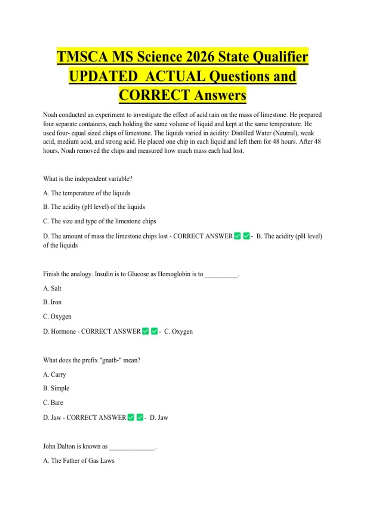 Tmsca TMSCA MS Science 2026 State Qualifier UPDATED ACTUAL Questions and ...