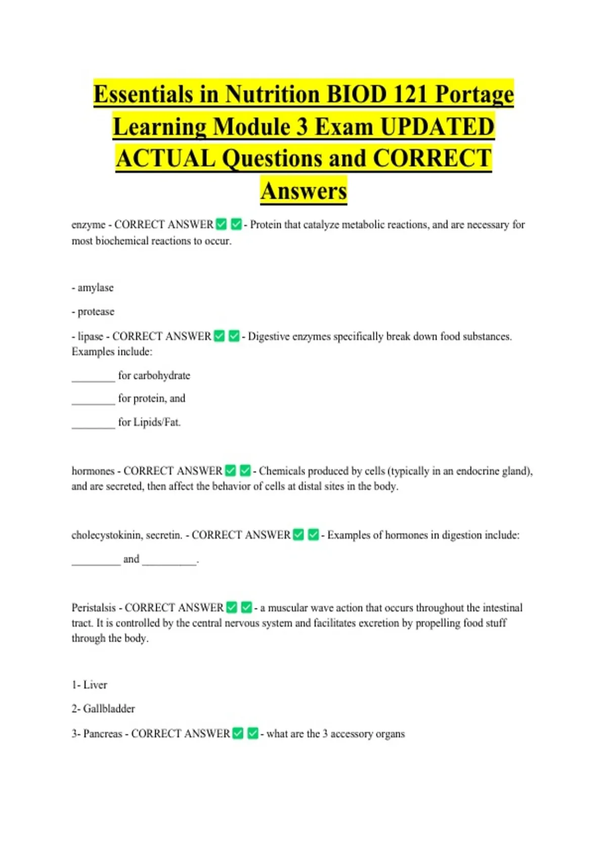 Essentials in Nutrition BIOD 121 Portage Learning Module 3 Exam UPDATED ...