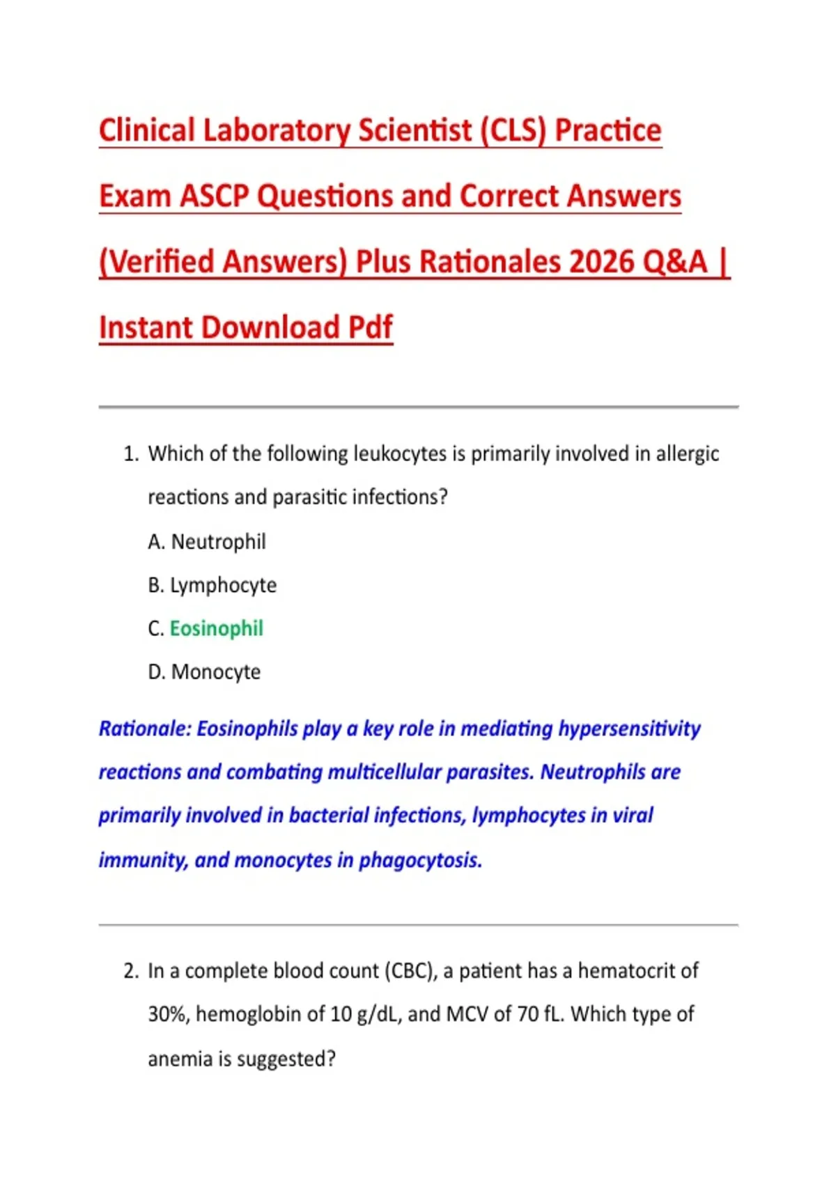 Check Question Lab Clinical Laboratory Scientist (CLS) Practice Exam ASCP Questions and ...