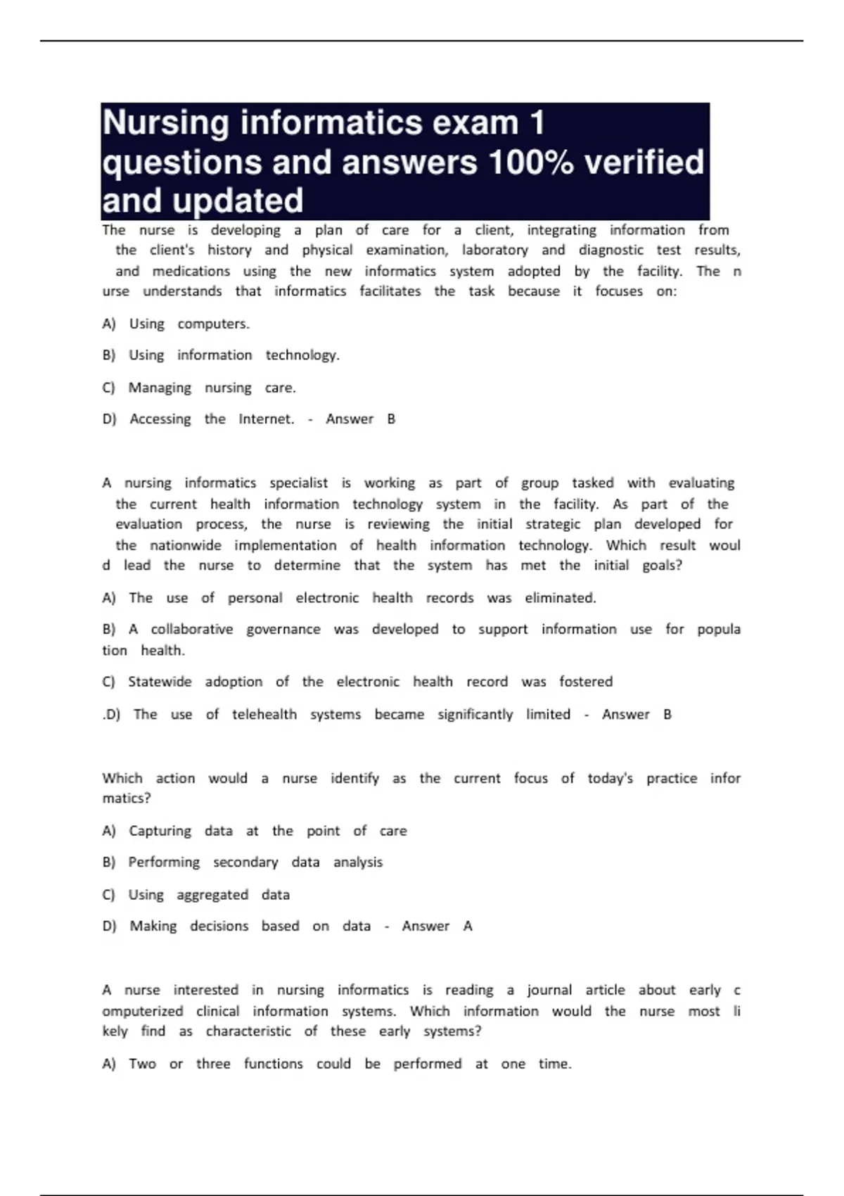 Nursing informatics exam 1 questions and answers 100% verified and ...