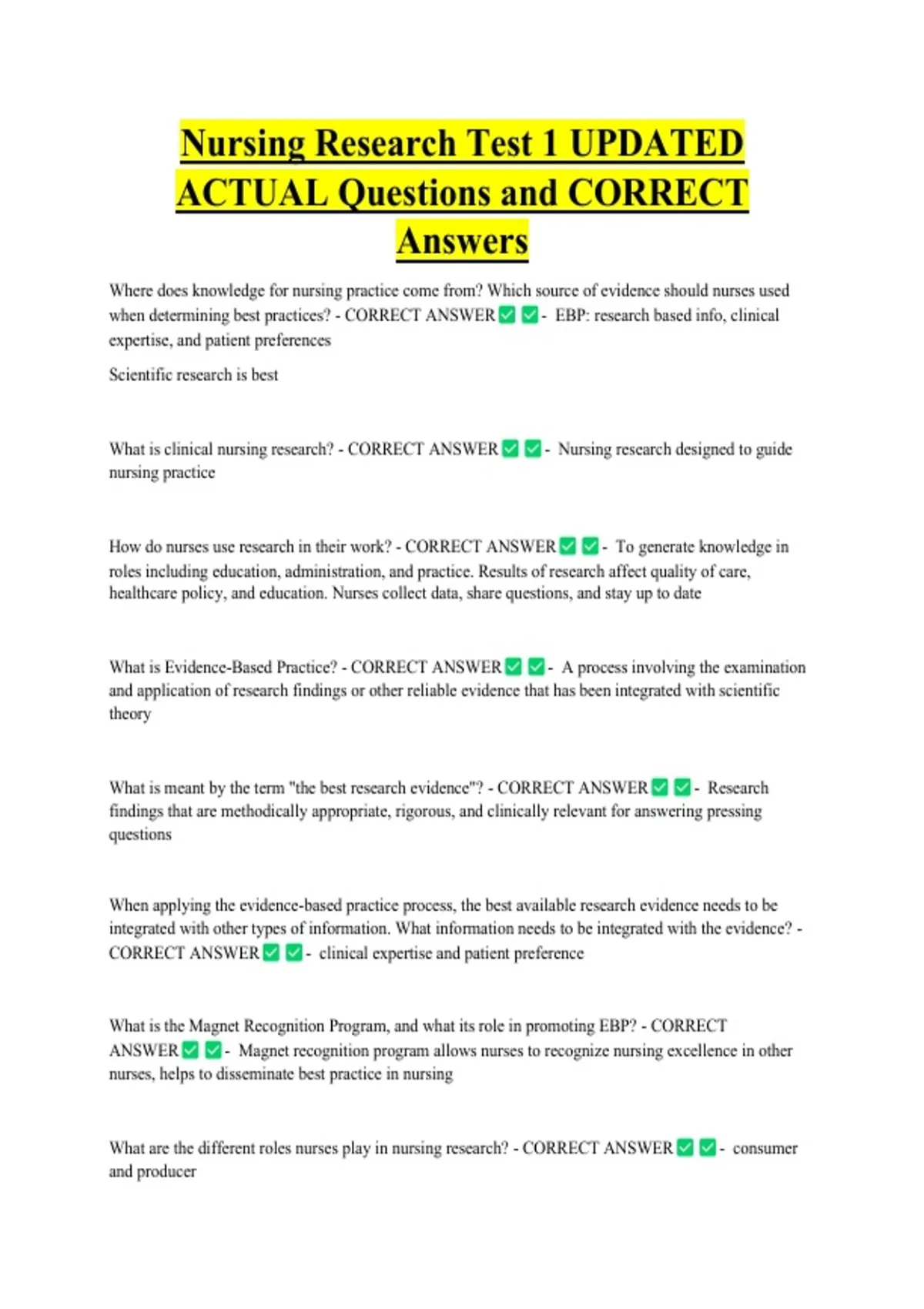 Nursing Research Test 1 UPDATED ACTUAL Questions and CORRECT Answers ...