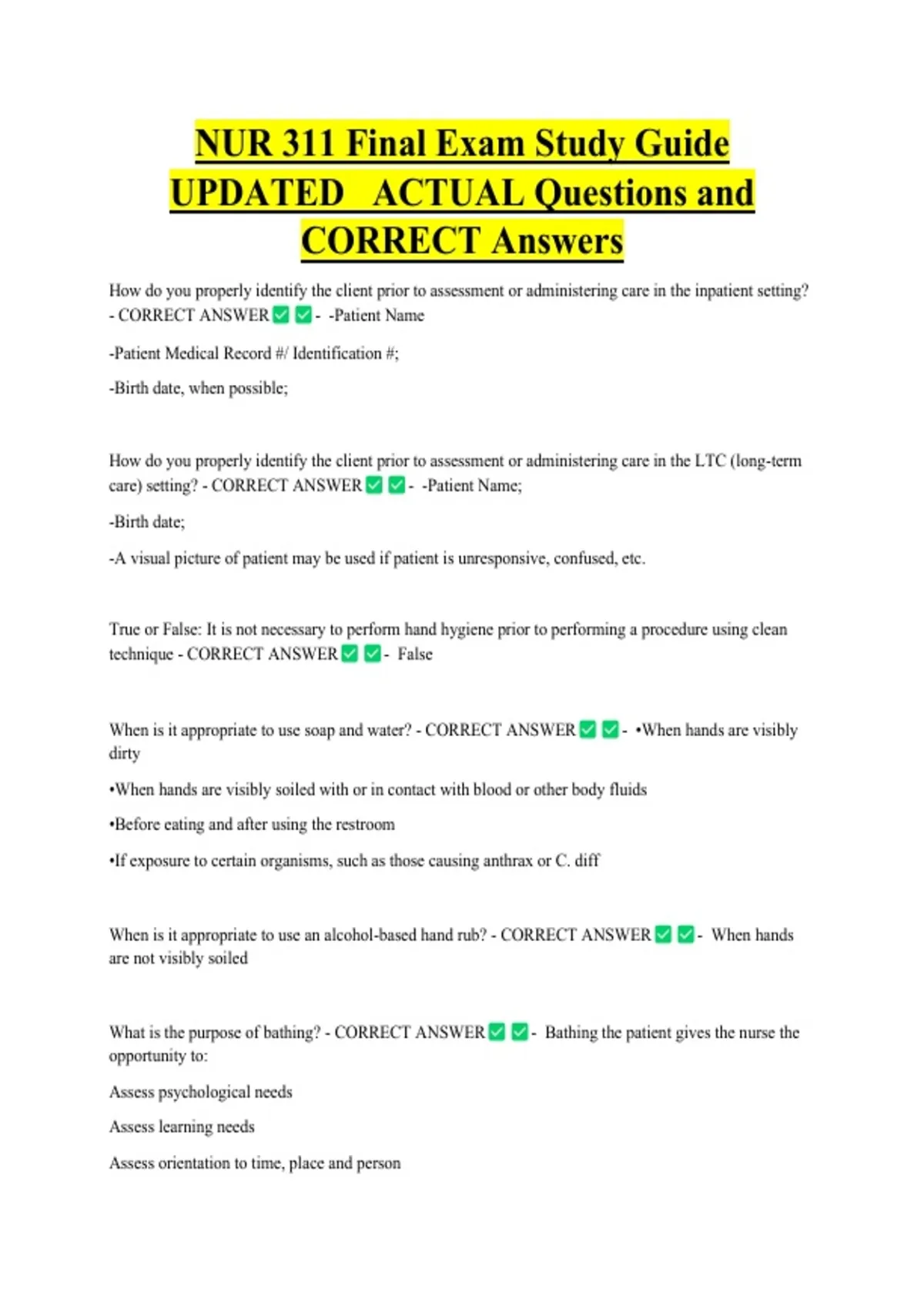 NUR 311 Final Exam Study Guide UPDATED ACTUAL Questions and CORRECT ...