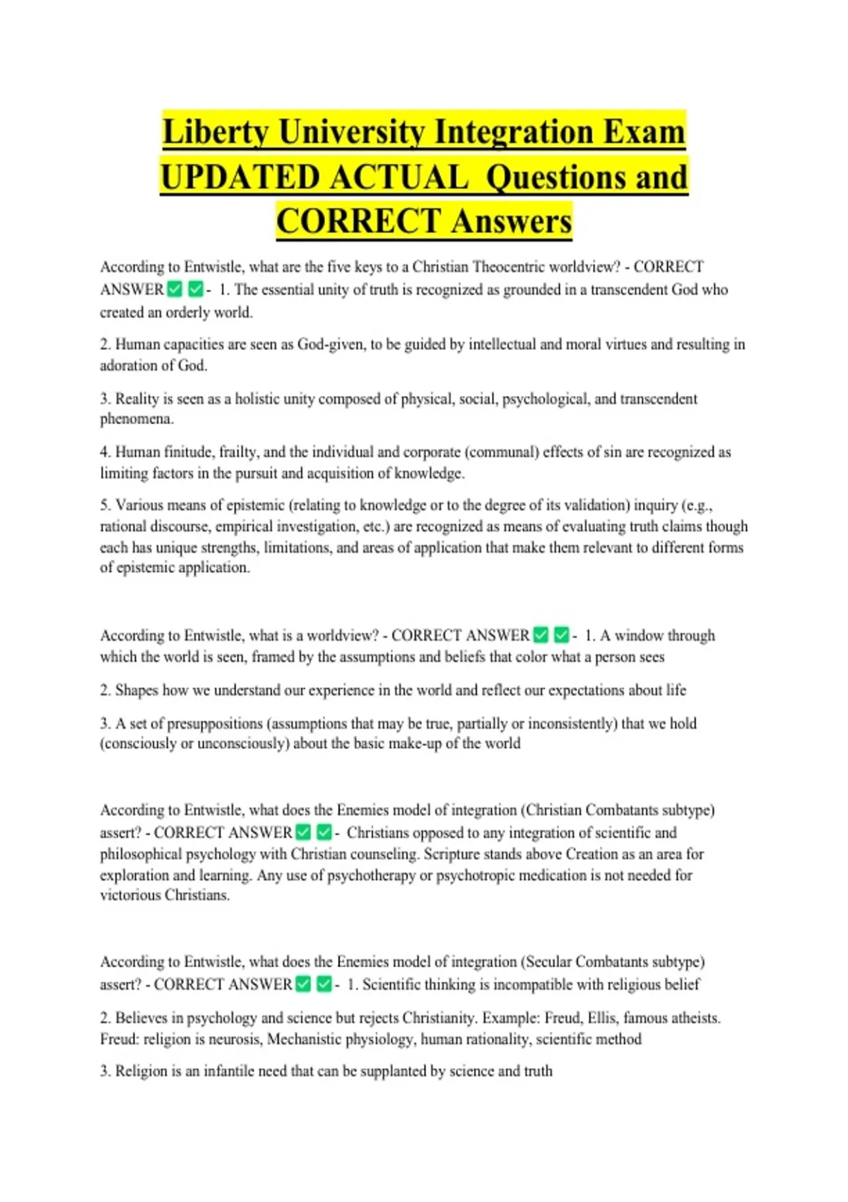 Liberty University Integration Exam UPDATED ACTUAL Questions and ...