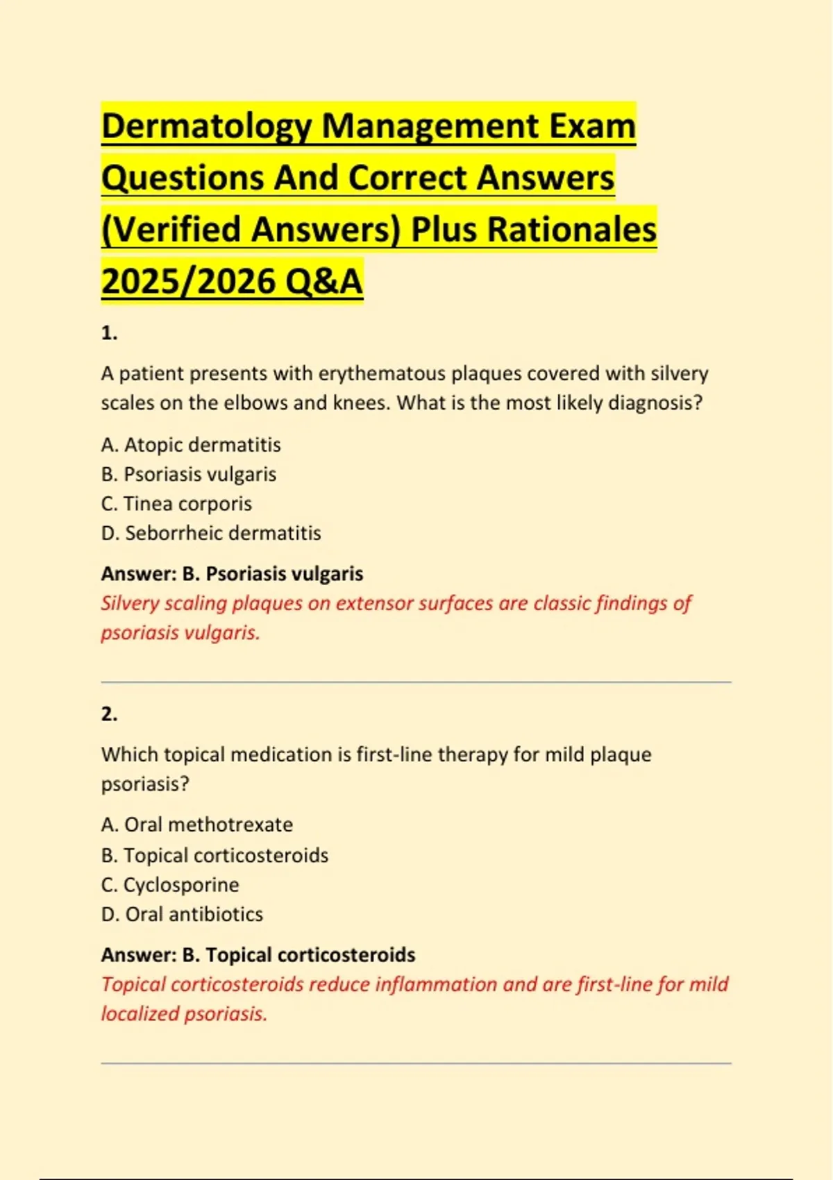 Dermatology Management Exam Questions And Correct Answers (Verified ...