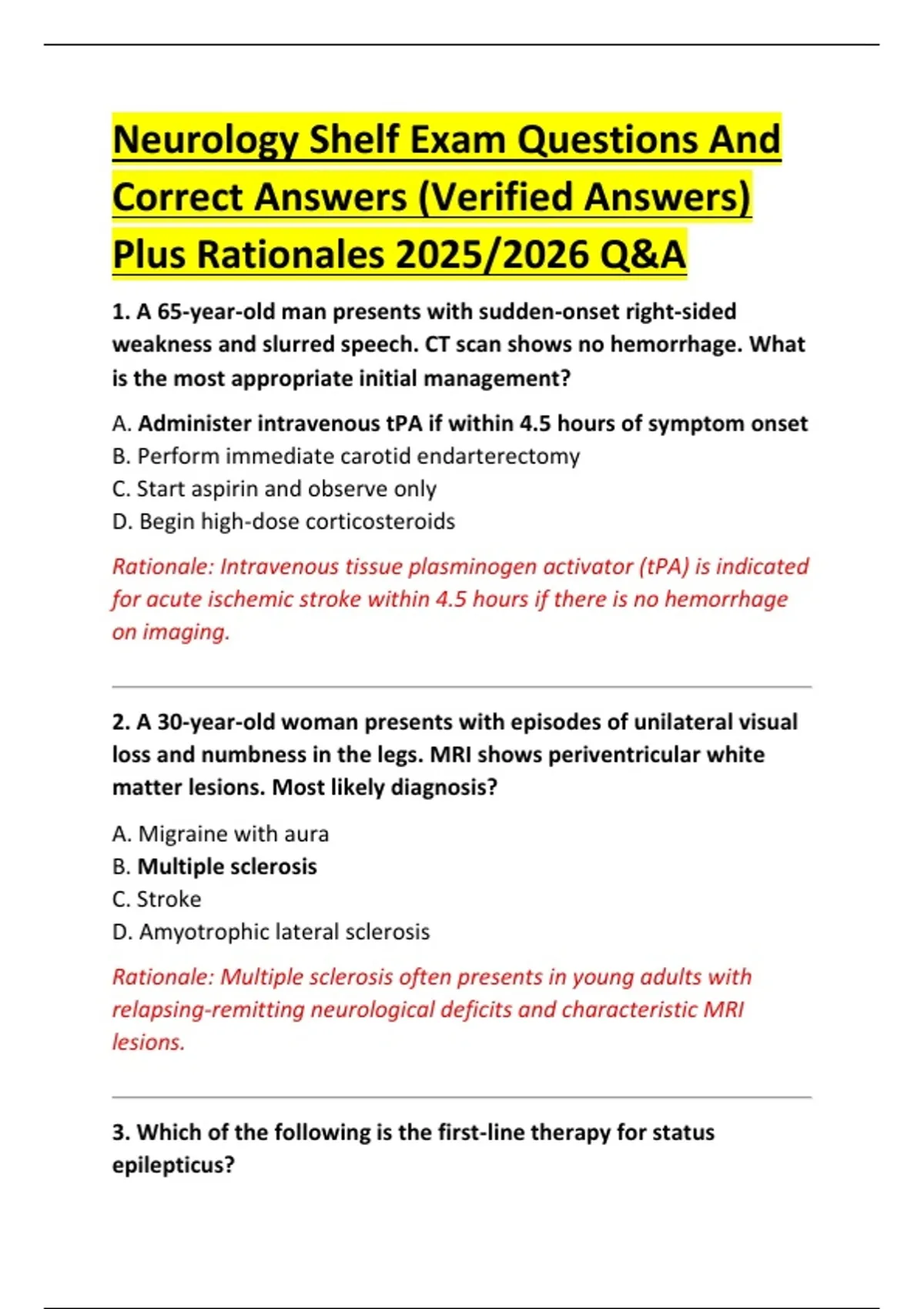 Questions Neurology Neurology Shelf Exam Questions And Correct Answers (Verified Answers ...