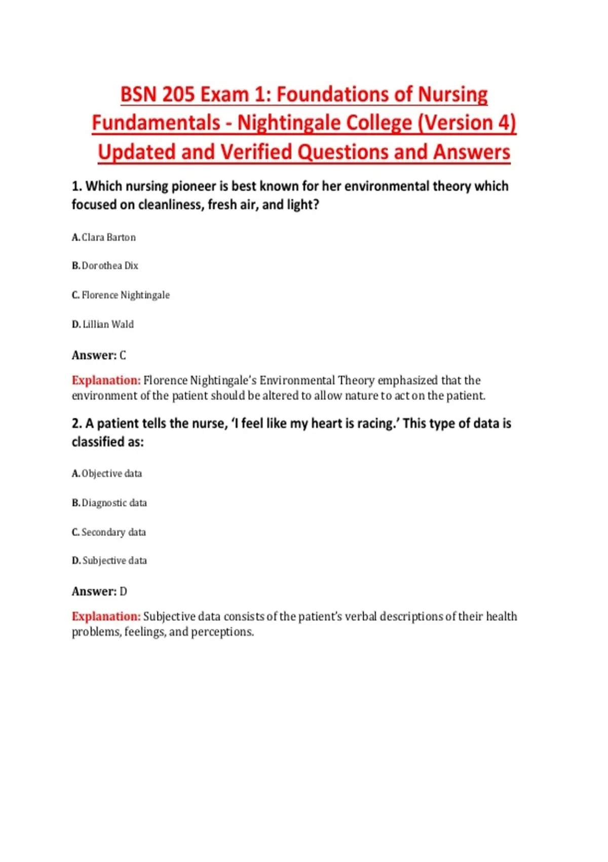 BSN 205 Exam 1: Foundations of Nursing Fundamentals - Nightingale ...