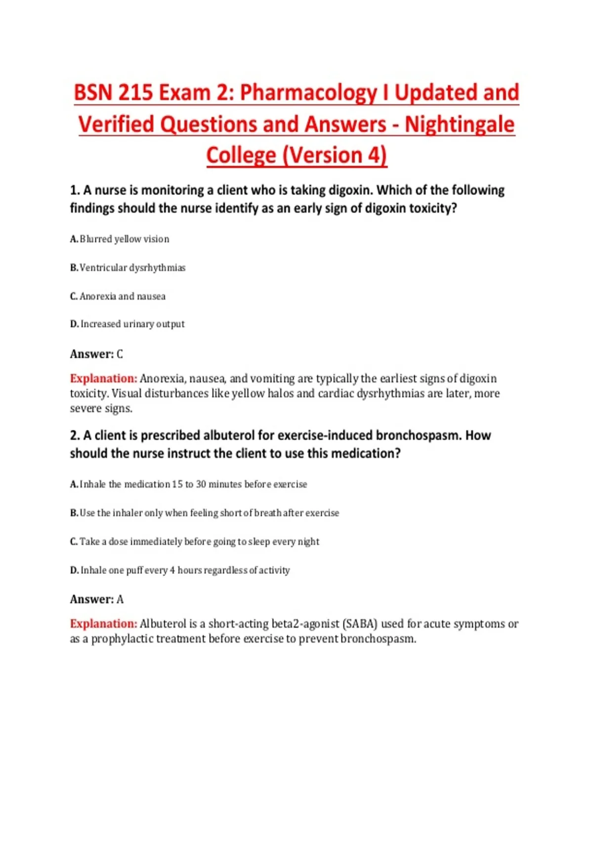BSN 215 Exam 2: Pharmacology I Updated and Verified Questions and ...