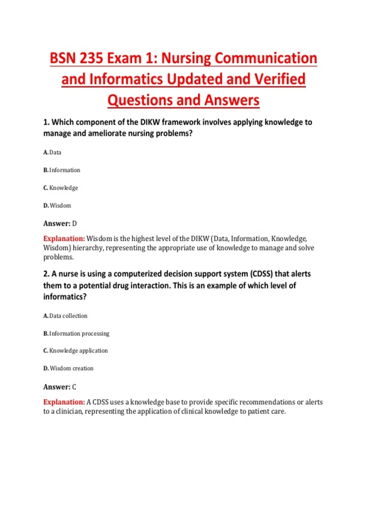 BSN 235 Exam 1: Nursing Communication and Informatics Updated and ...