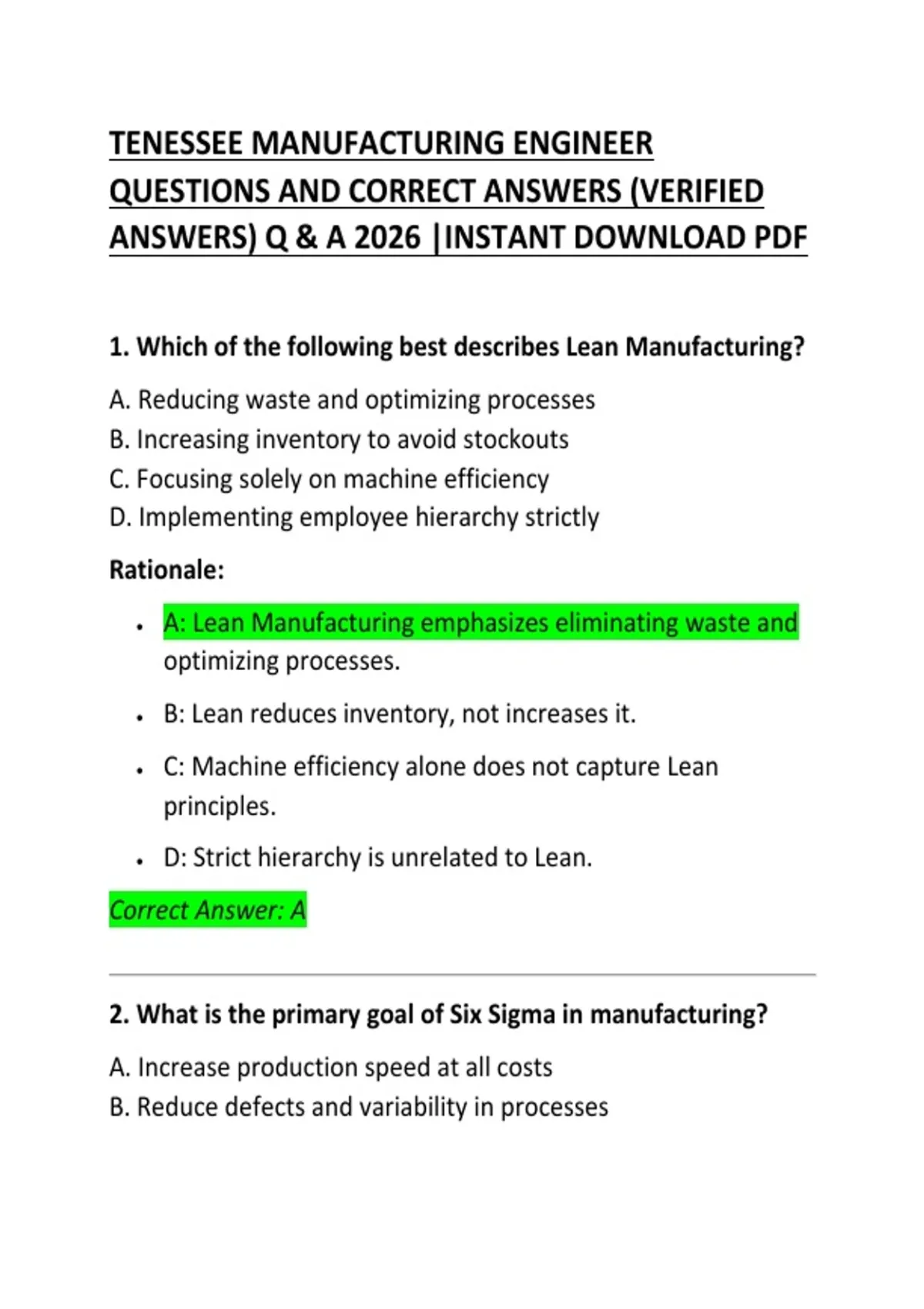 TENNESSEE Manufacturing Engineer Exam Questions and Correct Answers ...