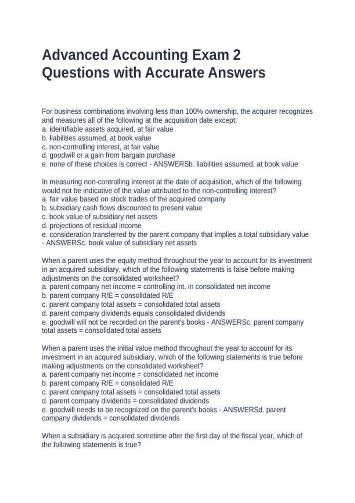 Advanced Accounting Exam 2 Questions with Accurate Answers - Advanced ...