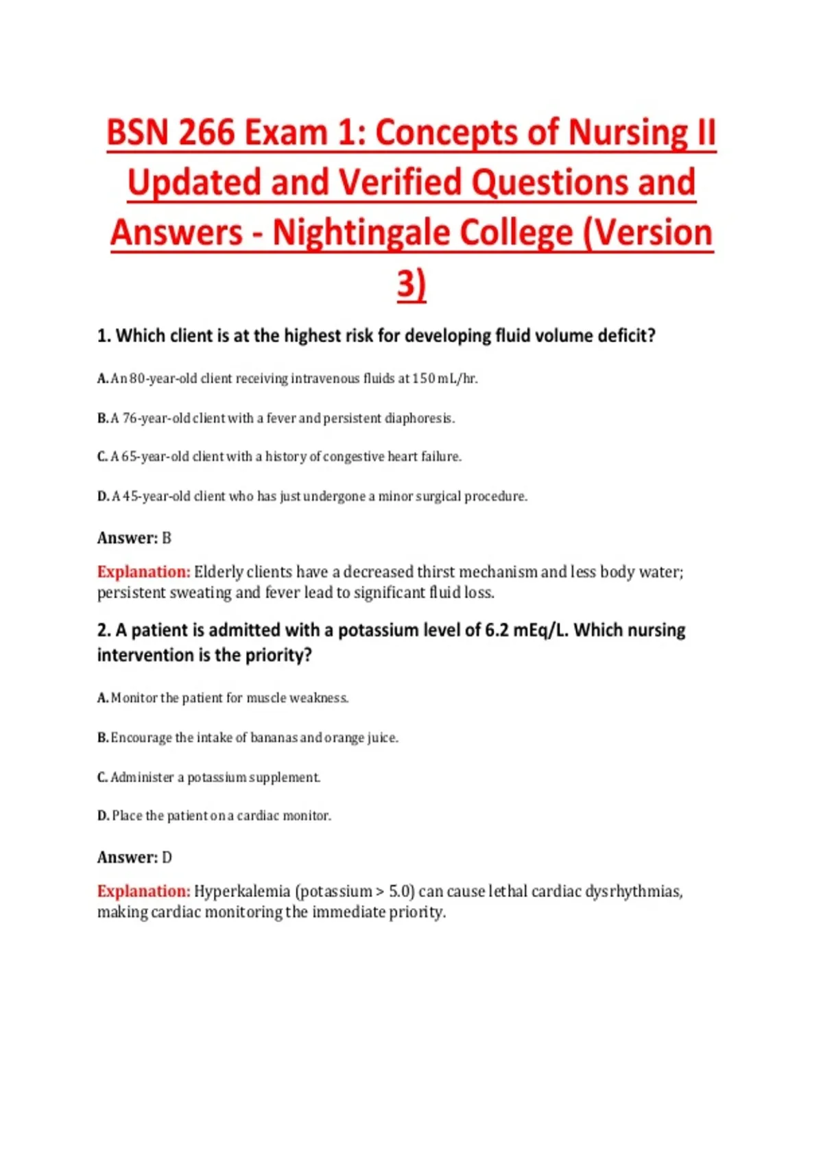 BSN 266 Exam 1: Concepts of Nursing II Updated and Verified Questions ...