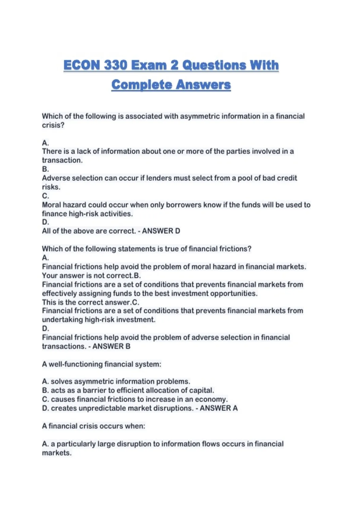 ECON 330 Exam 2 Questions With Complete Answers - ECON 330 - Stuvia US