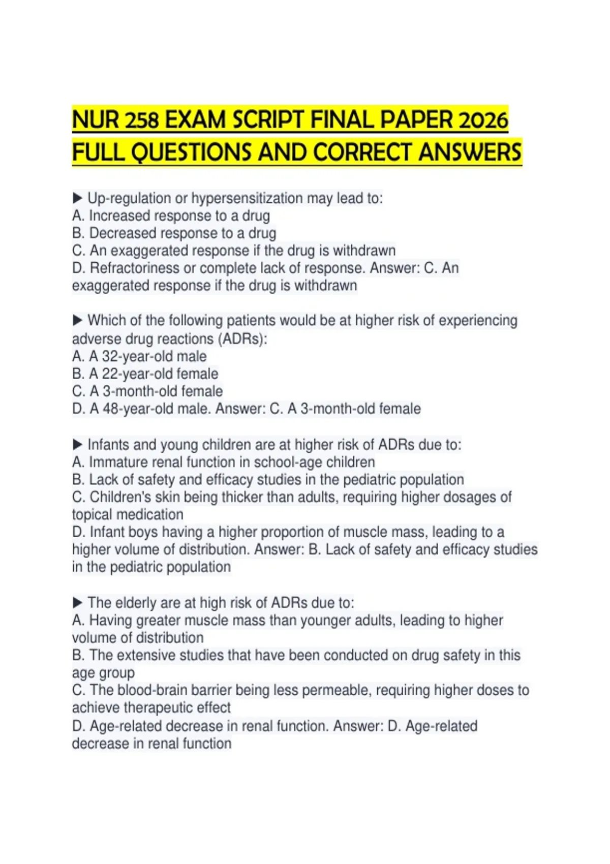 NUR 258 EXAM SCRIPT FINAL PAPER 2026 FULL QUESTIONS AND CORRECT ANSWERS ...