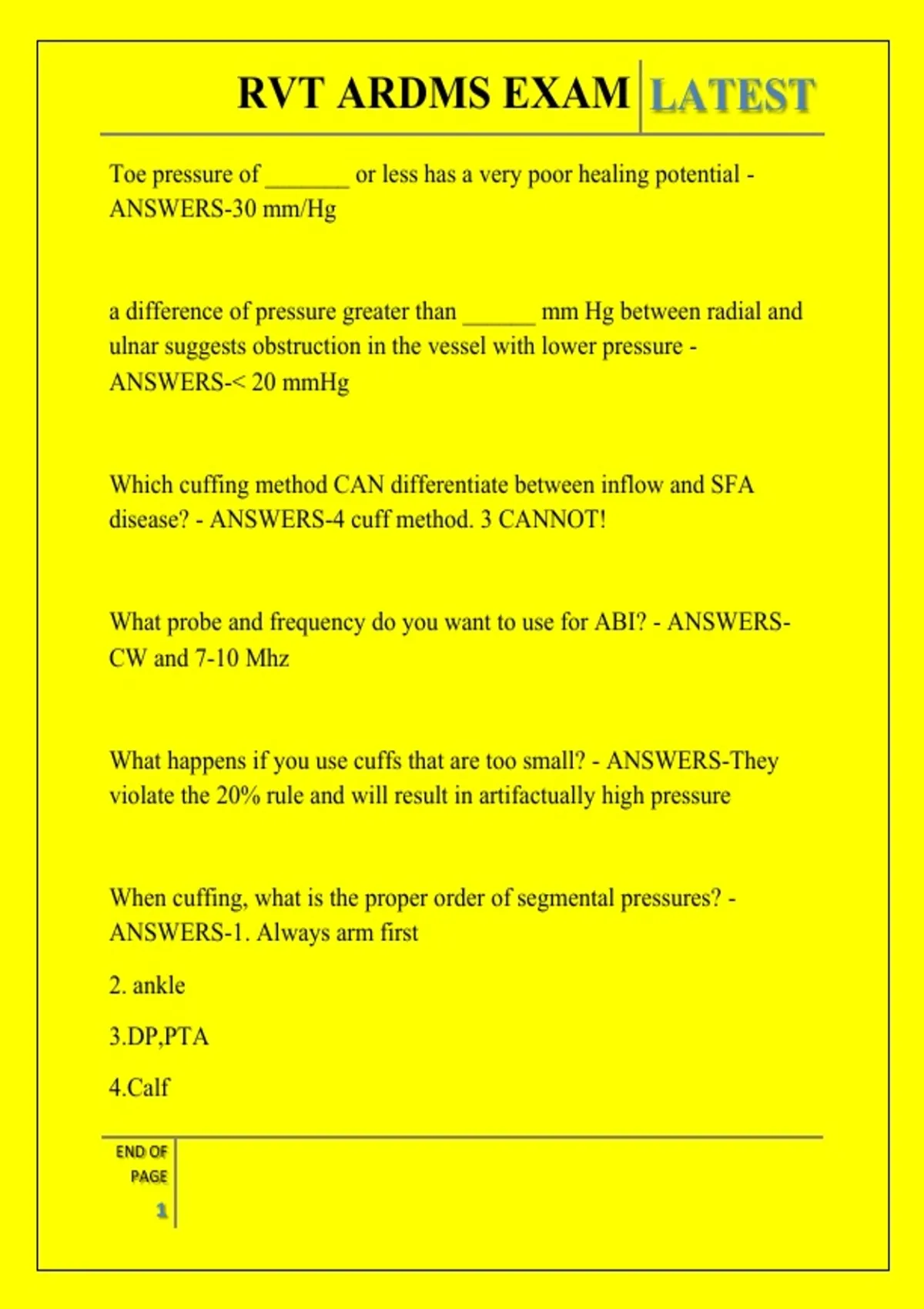 RVT ARDMS EXAM QUESTIONS AND ANSWERS 2026 - RVT ARDMS - Stuvia US