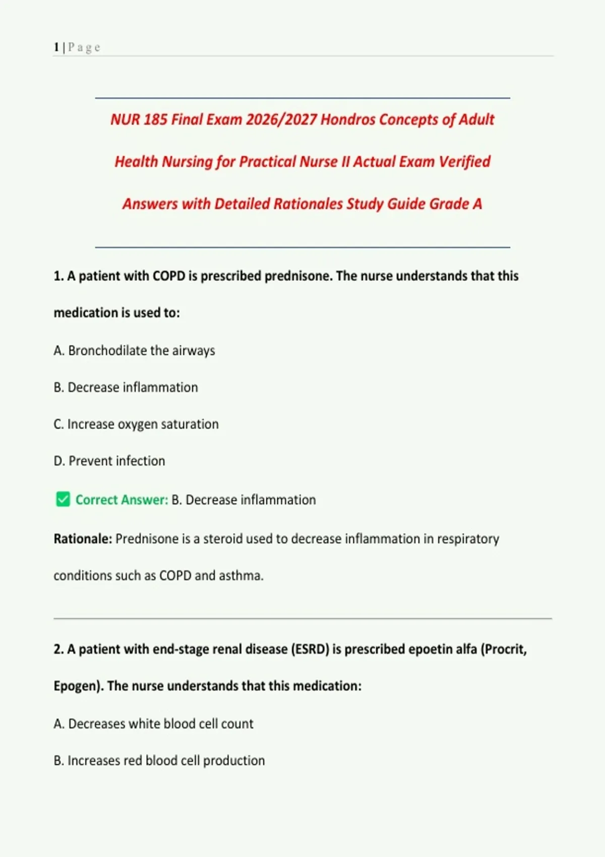 NUR 185 Final Exam 2026/2027 Hondros Concepts of Adult Health Nursing ...