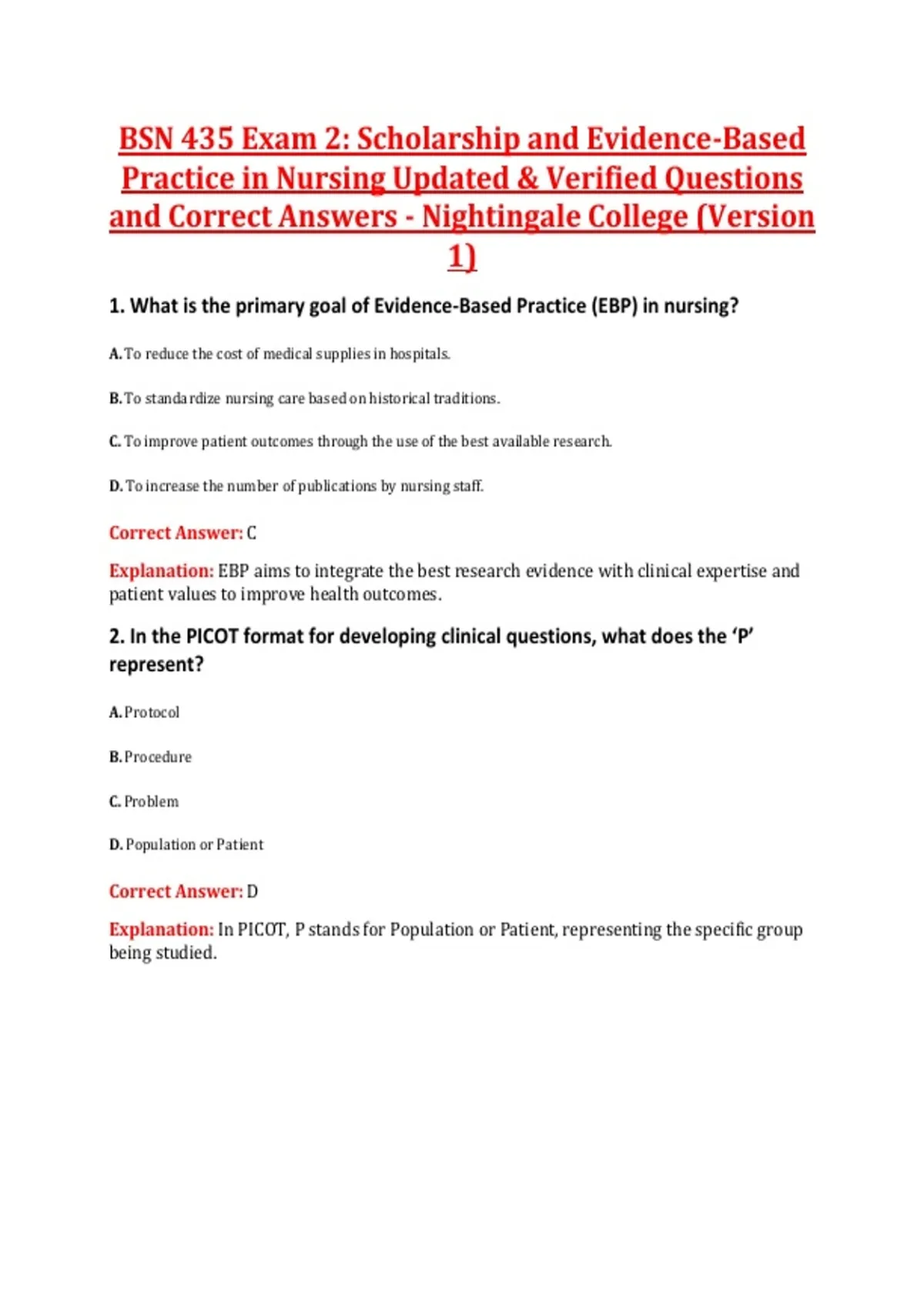 BSN 435 Exam 2: Scholarship and Evidence-Based Practice in Nursing ...