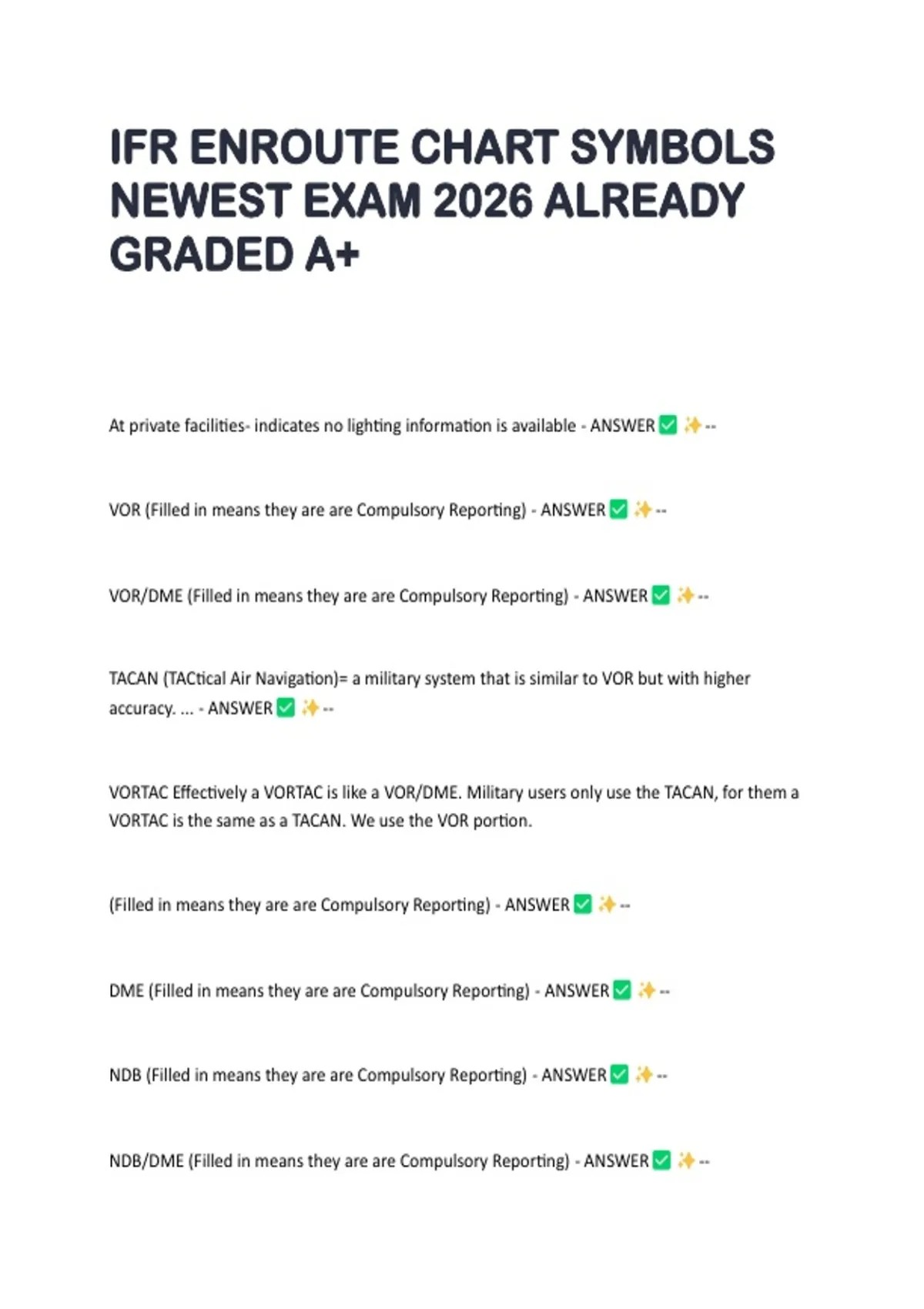IFR ENROUTE CHART SYMBOLS NEWEST EXAM 2026 ALREADY GRADED A+ - IFR ...