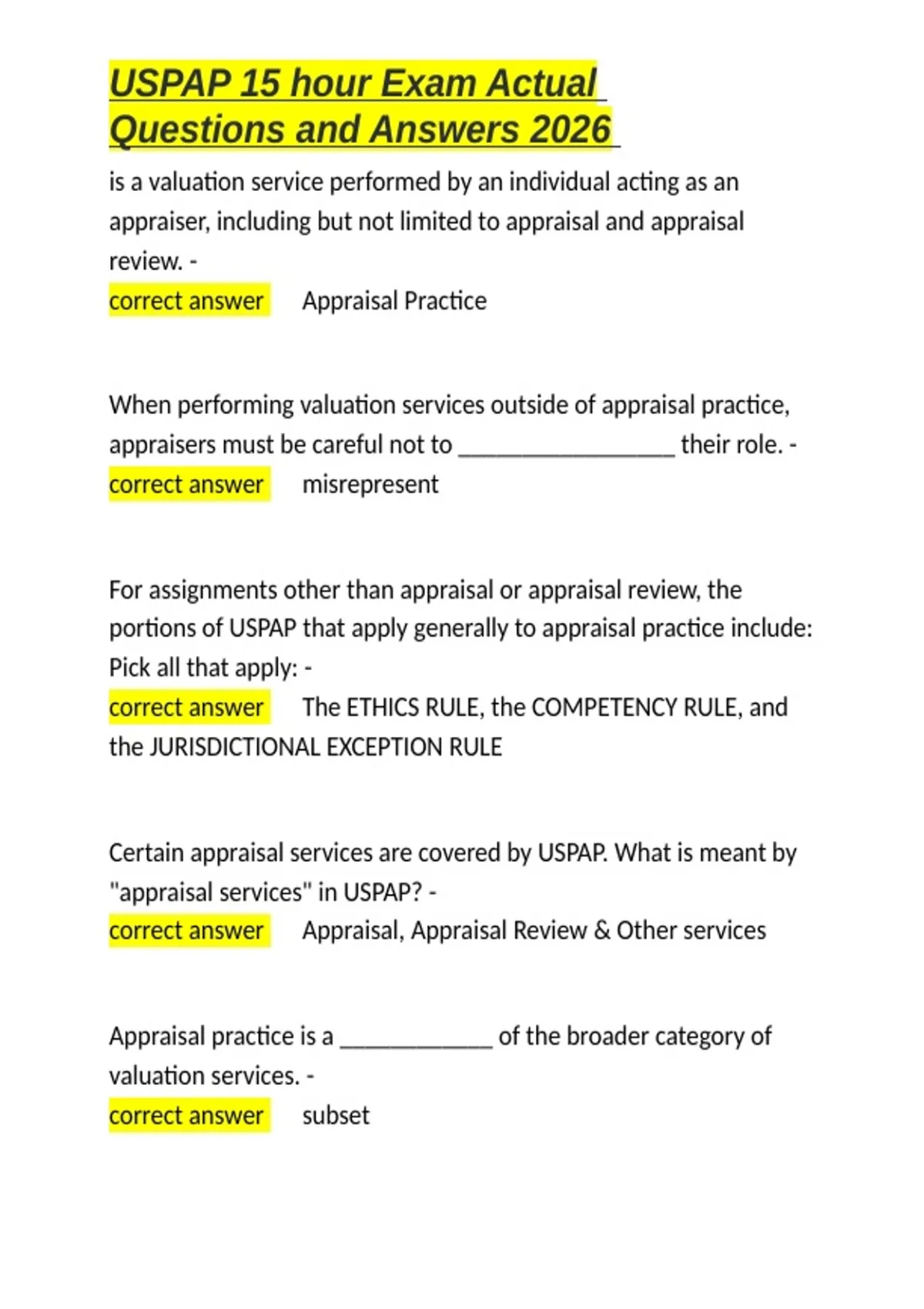 USPAP 15 hour Exam Actual Questions and Answers 2026.docx - Uspap - Stuvia US
