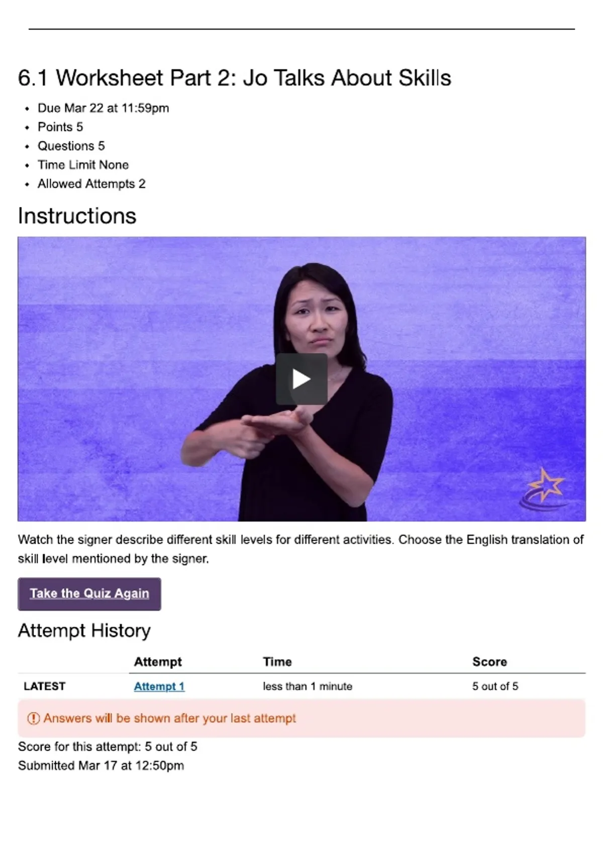 ASL 2013|6.1 Worksheet Part 2: Jo Talks About Skills| 2026| Updated ...