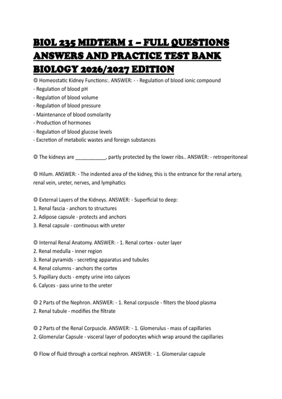 BIOL 235 MIDTERM 1 – FULL QUESTIONS ANSWERS AND PRACTICE TEST BANK ...