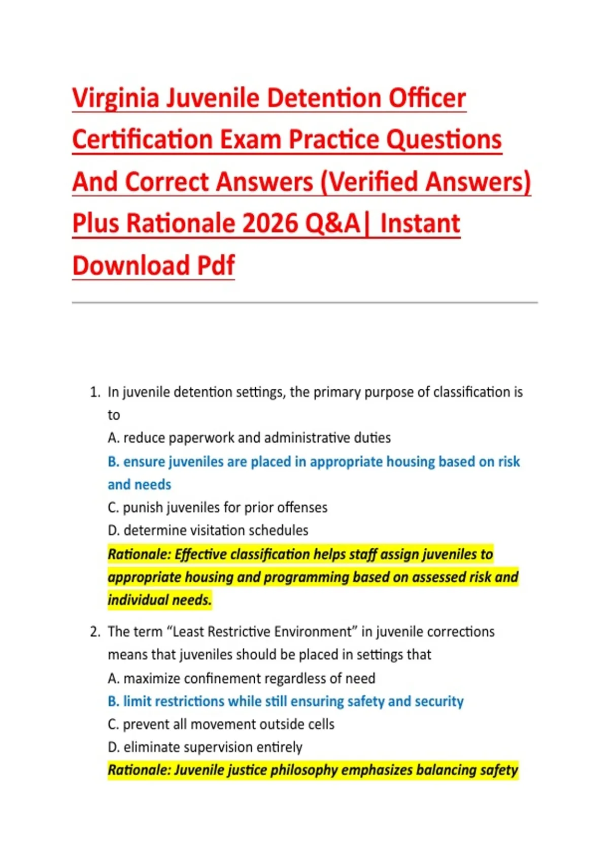 Virginia Juvenile Detention Officer Certification Exam Practice Questions And Correct Answers ...