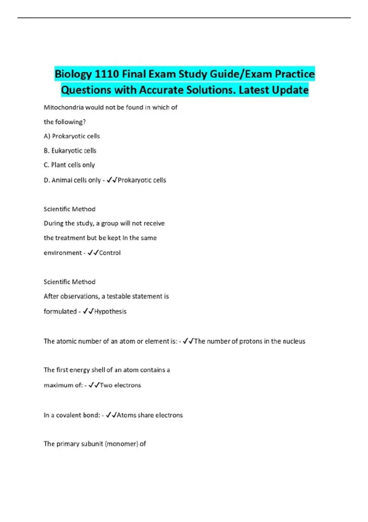 Biology 1110 Final Exam Study Guide/Exam Practice Questions with ...