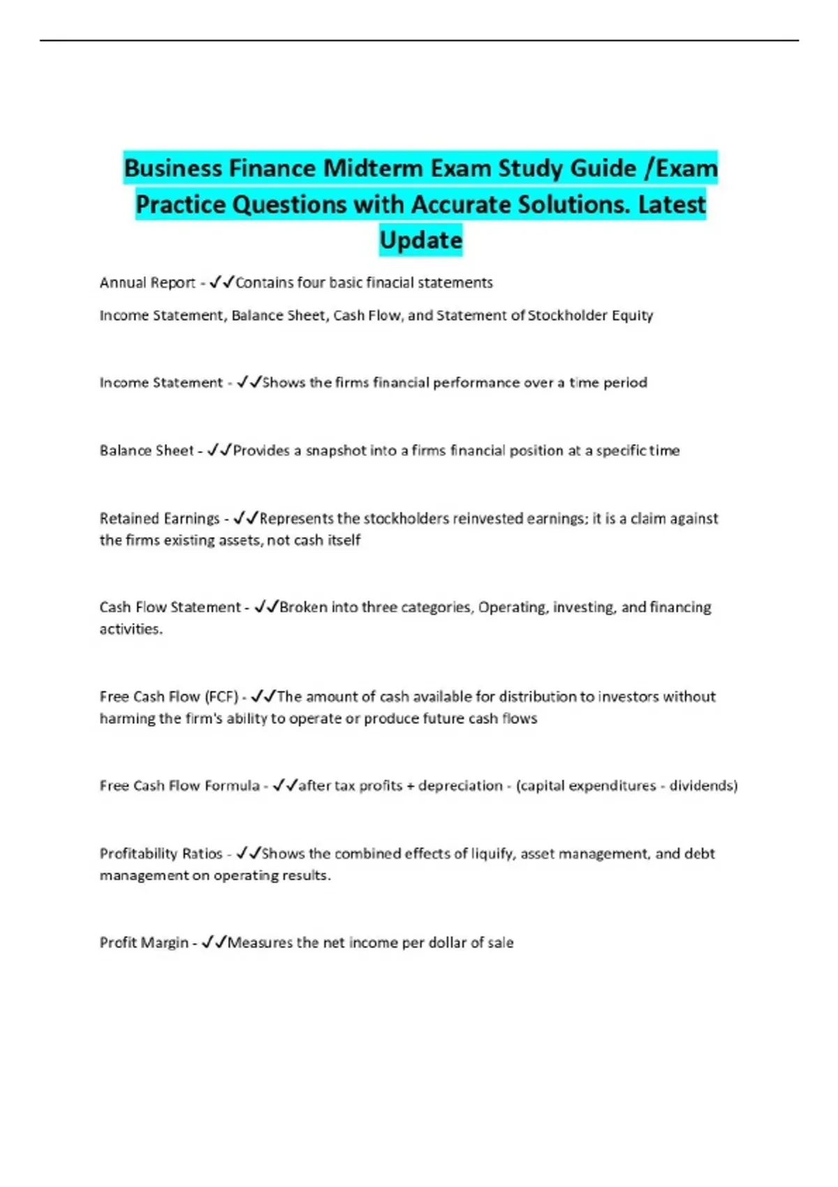 Business Finance Midterm Exam Study Guide /Exam Practice Questions with ...