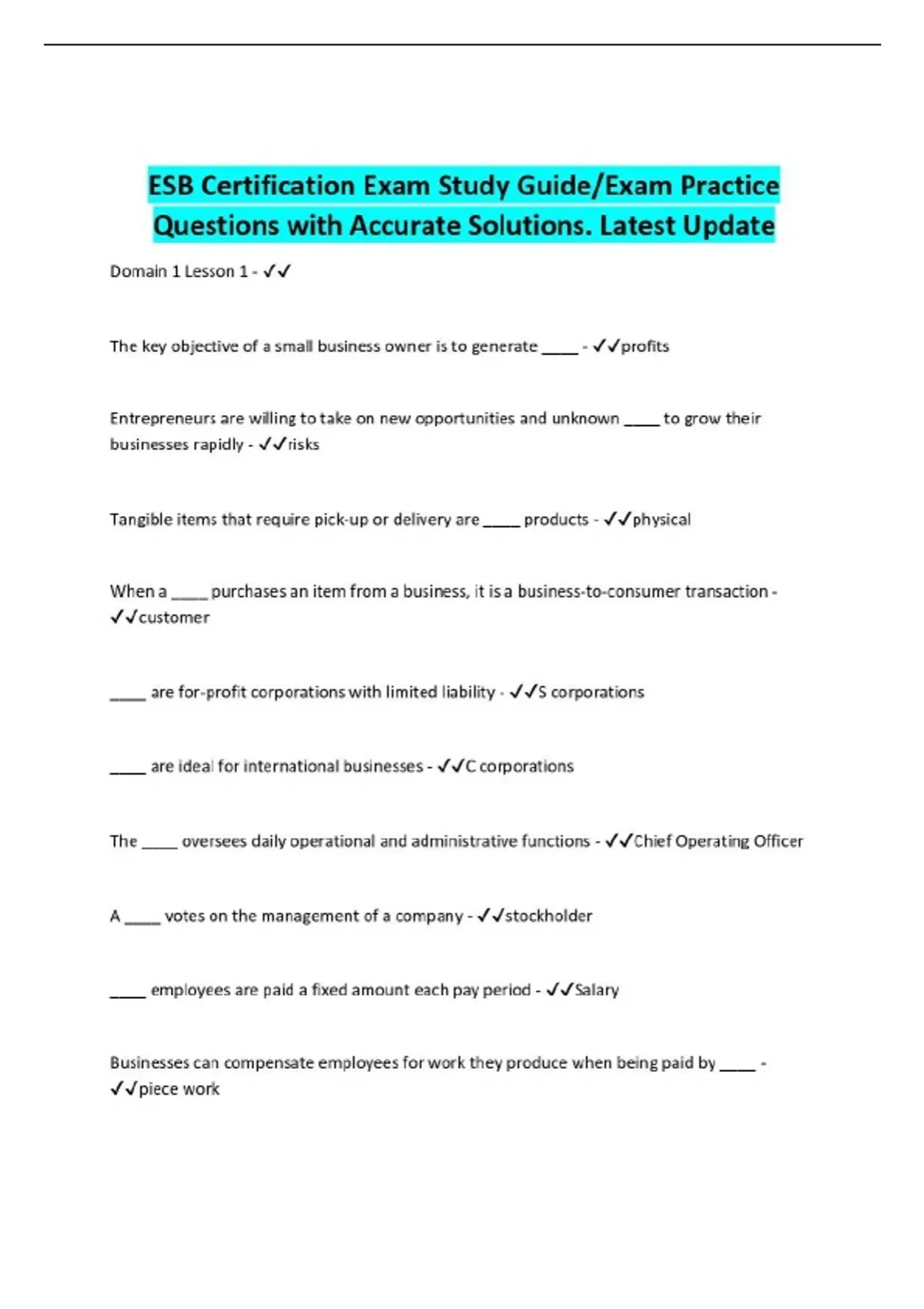 ESB Certification Exam Study Guide/Exam Practice Questions with Accurate Solutions. Latest ...