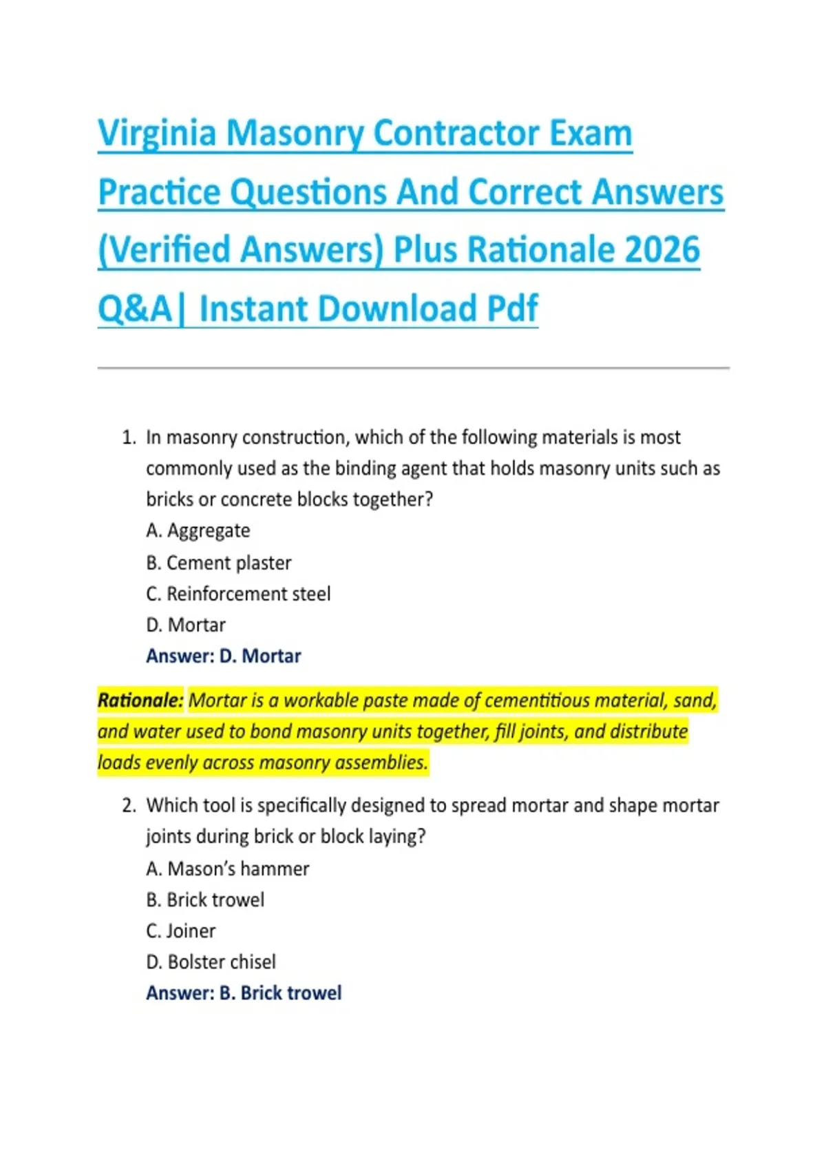 Masonry Practice Problem Virginia Masonry Contractor Exam Practice Questions And Correct Answers ...