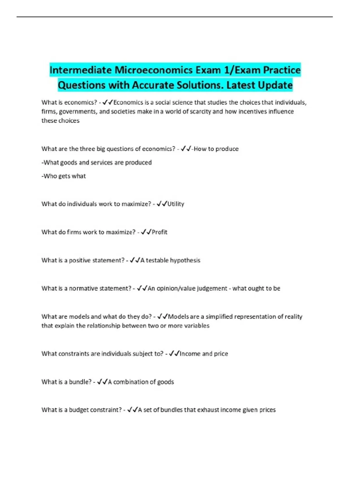Intermediate Microeconomics Exam 1/Exam Practice Questions with ...