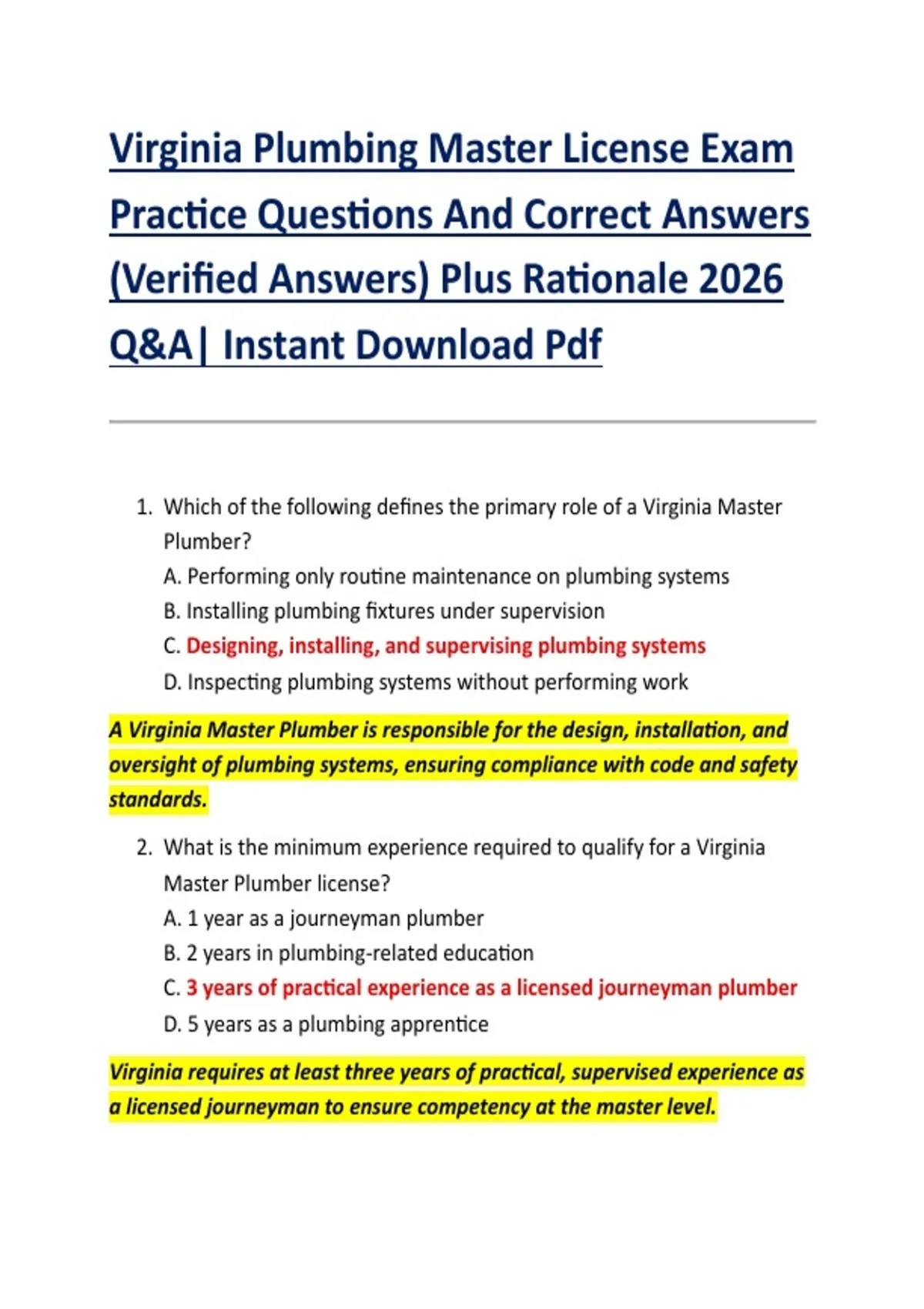 Virginia Plumbing Master License Exam Practice Questions And Correct