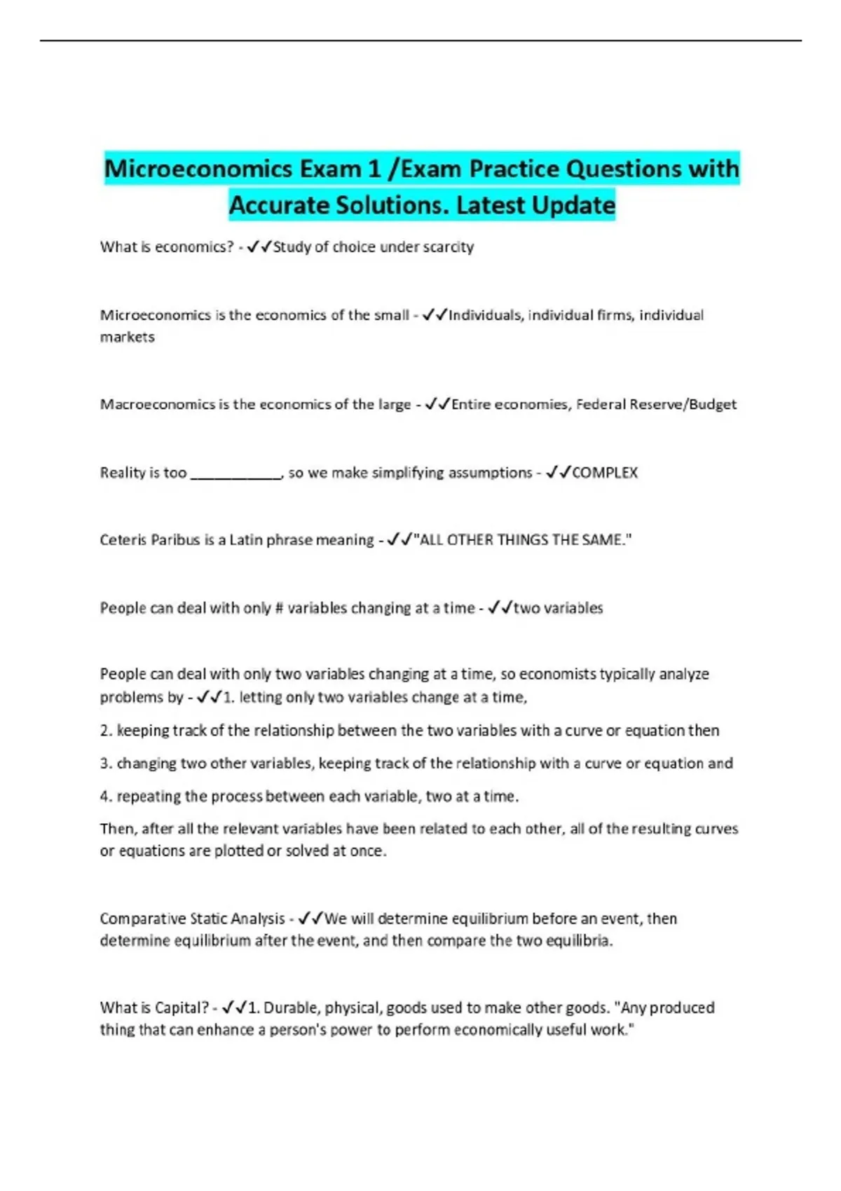 Microeconomics Exam 1 /Exam Practice Questions with Accurate Solutions ...