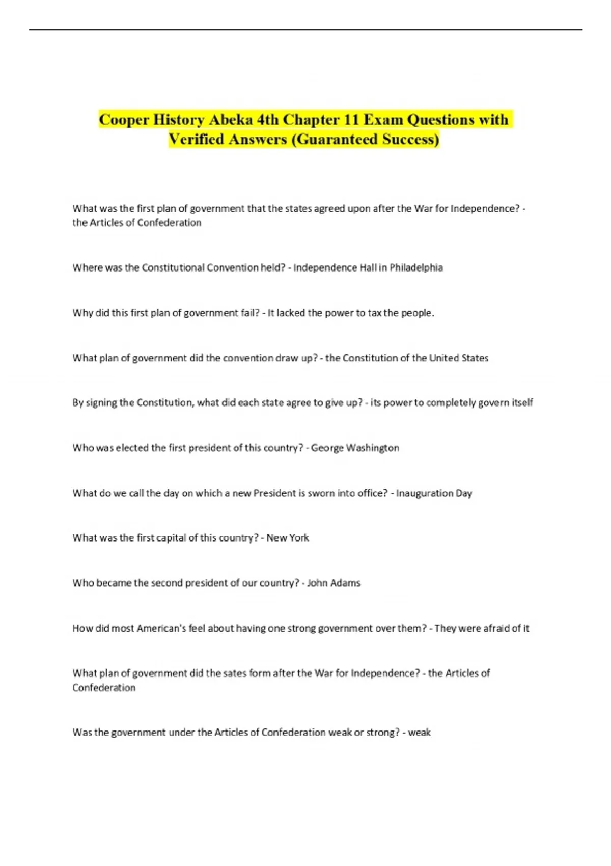 Cooper History Abeka 4th Chapter 11 Exam Questions with Verified ...