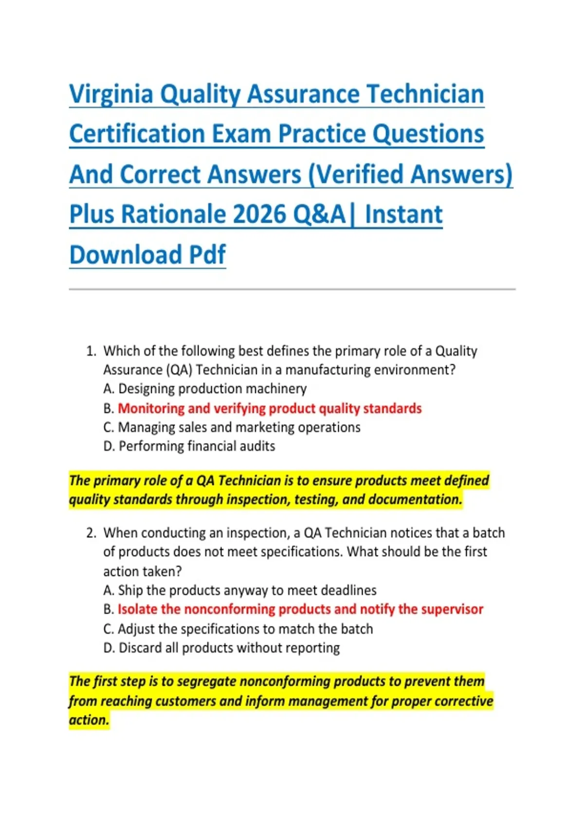 Virginia Quality Assurance Technician Certification Exam Practice ...