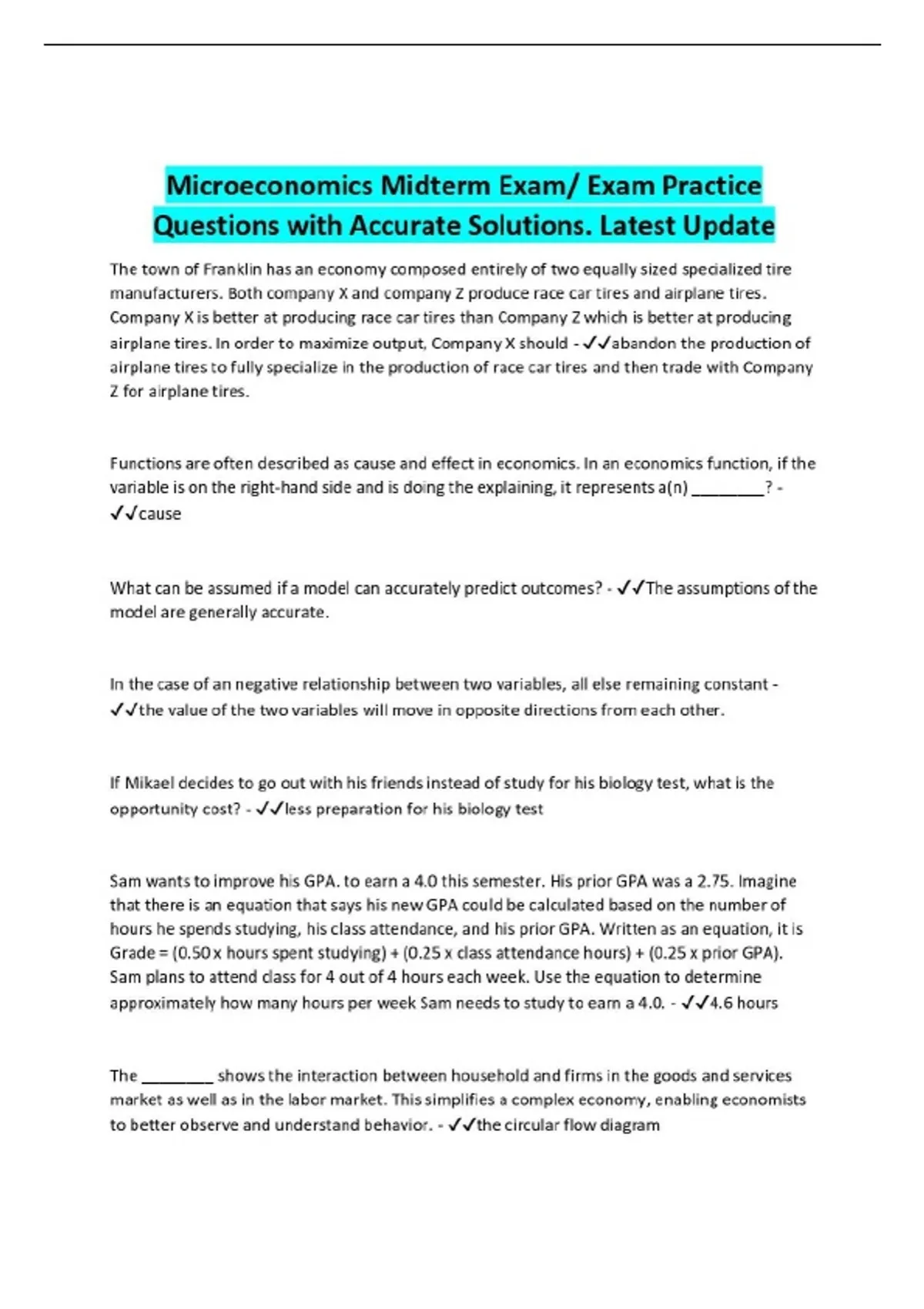 Microeconomics Midterm Exam/ Exam Practice Questions with Accurate ...